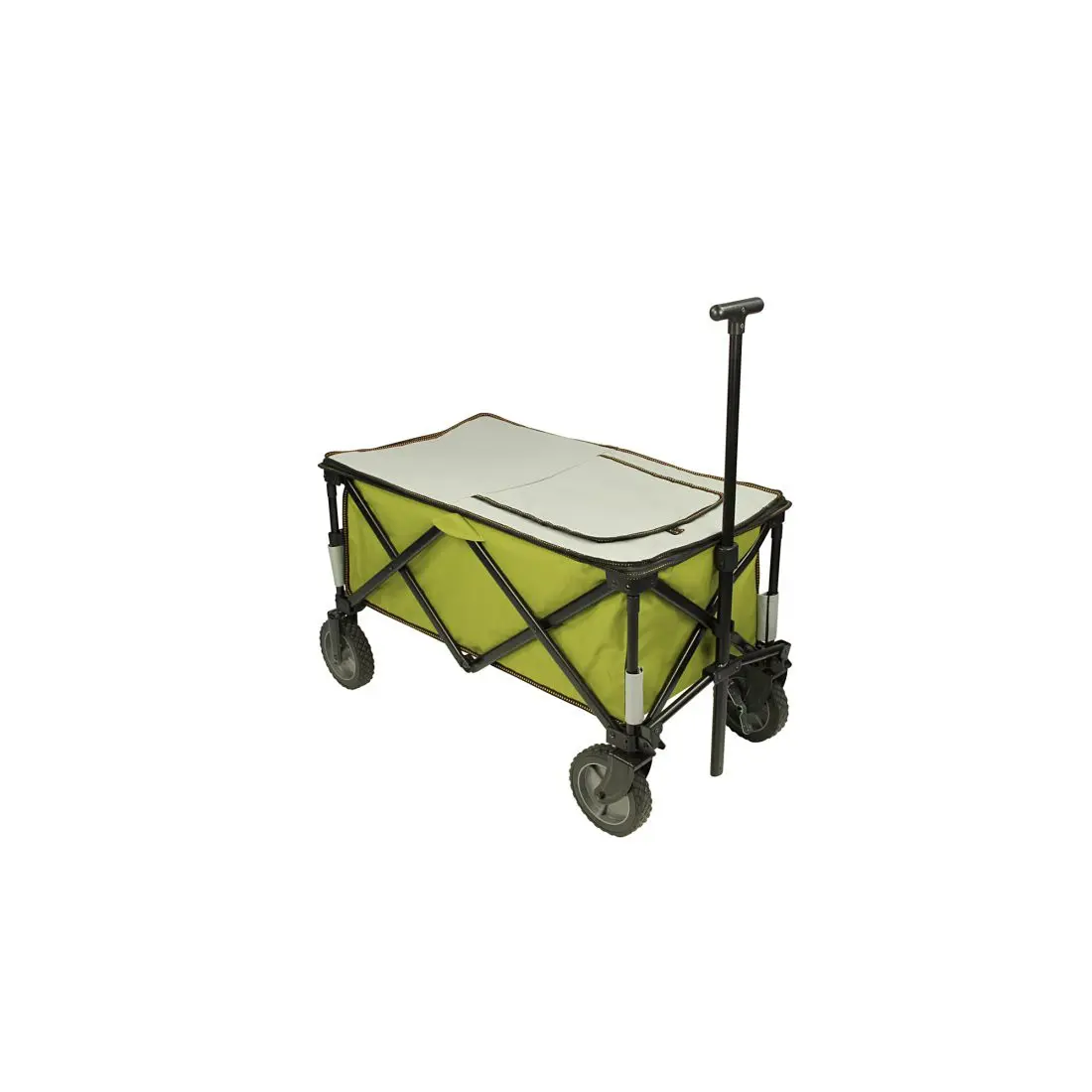 Bollerwagen 10T Cooler Trolley faltbar in Grün mit schwarzem Gestell, vier großen Rädern, ausziehbarem Griff, integriertem Kühlfach und Abdeckung – ideal als Strandwagen oder für Picknicks.