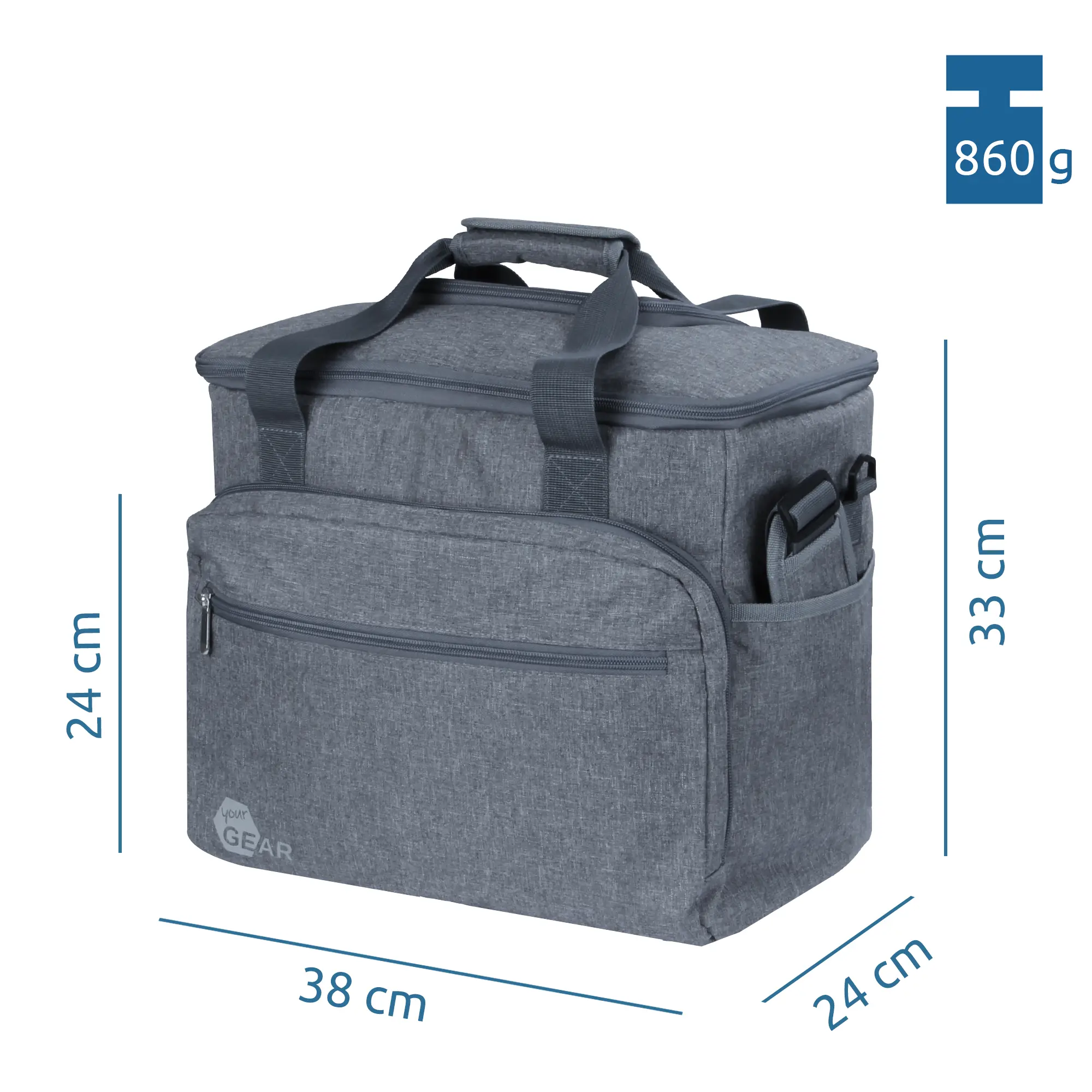 your GEAR foldable cooler bag Cavoli, 30 liters, grey, with front zip pocket, side pocket, sturdy handles, and dimensions 38x24x33 cm, weighing 860g; ideal for picnics, shopping, and food transport.