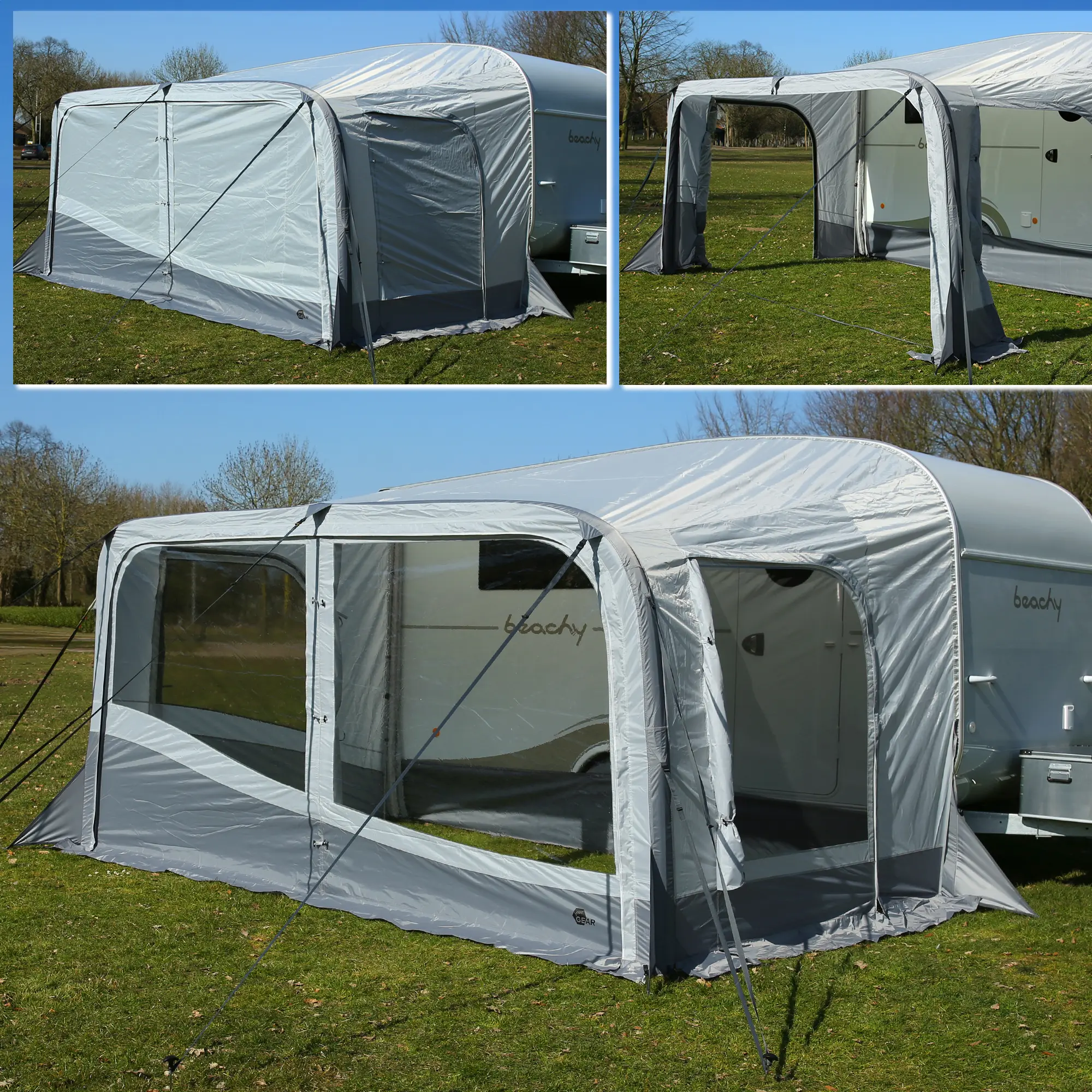 Auvent gris monté devant une caravane blanche sur une pelouse, vu sous différents angles et ouvertures, par temps ensoleillé.