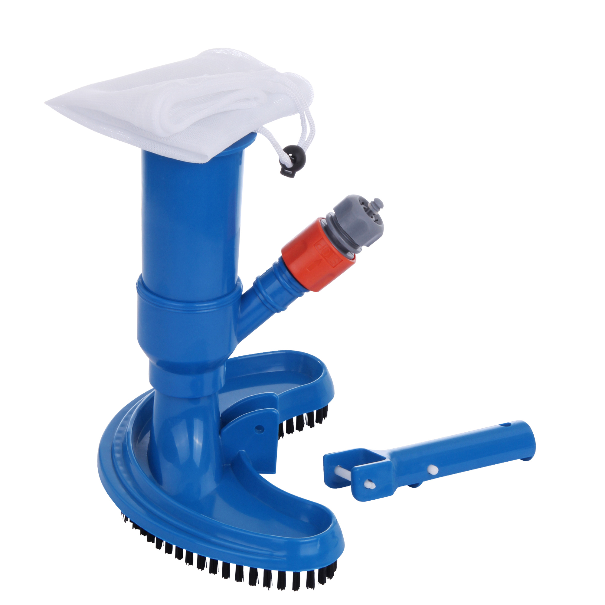 Aspirateur de piscine yourGEAR JV-C bleu en plastique ABS, avec brosses en nylon, connexion pour tuyau d’arrosage, sac de collecte blanc et poignée détachable, idéal pour le nettoyage du fond de piscine.