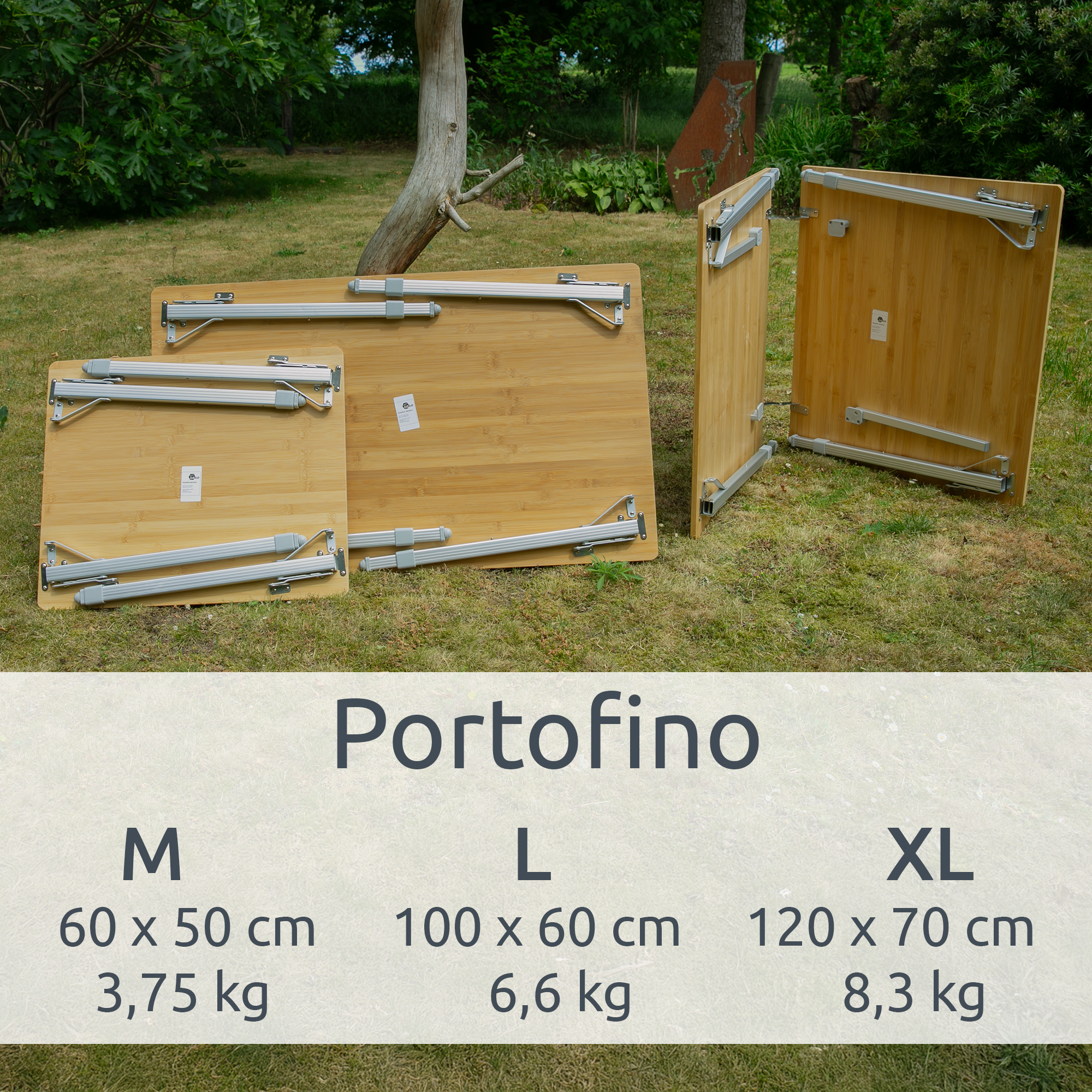 Trois tables de camping pliantes en bambou your GEAR Portofino, tailles M, L et XL, posées sur de l’herbe, avec pieds en aluminium repliés, dimensions et poids affichés en bas de l’image.