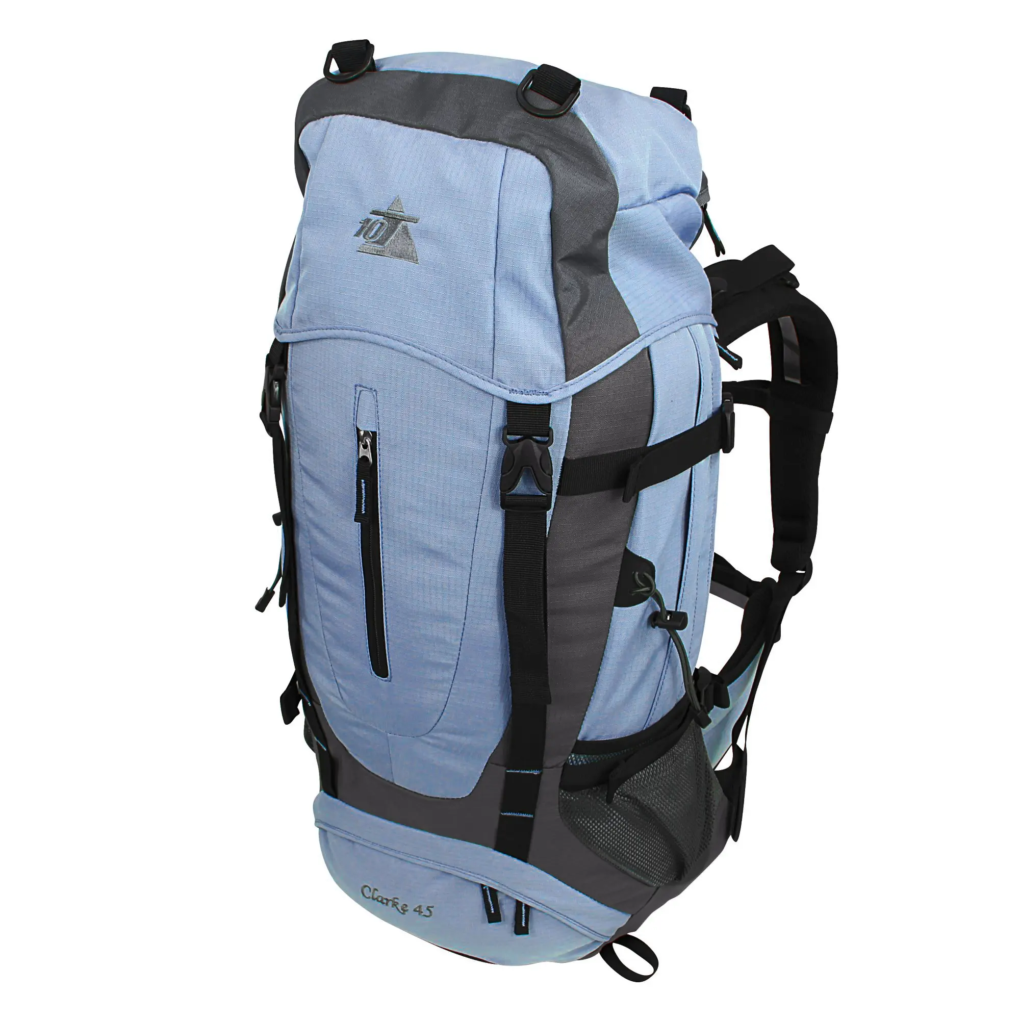 Zaino da trekking 10T Clarke 45L azzurro e grigio, con spallacci ergonomici, molte tasche esterne, cinghie di compressione, tasca frontale con zip, supporto per sistema di idratazione e copertura antipioggia.