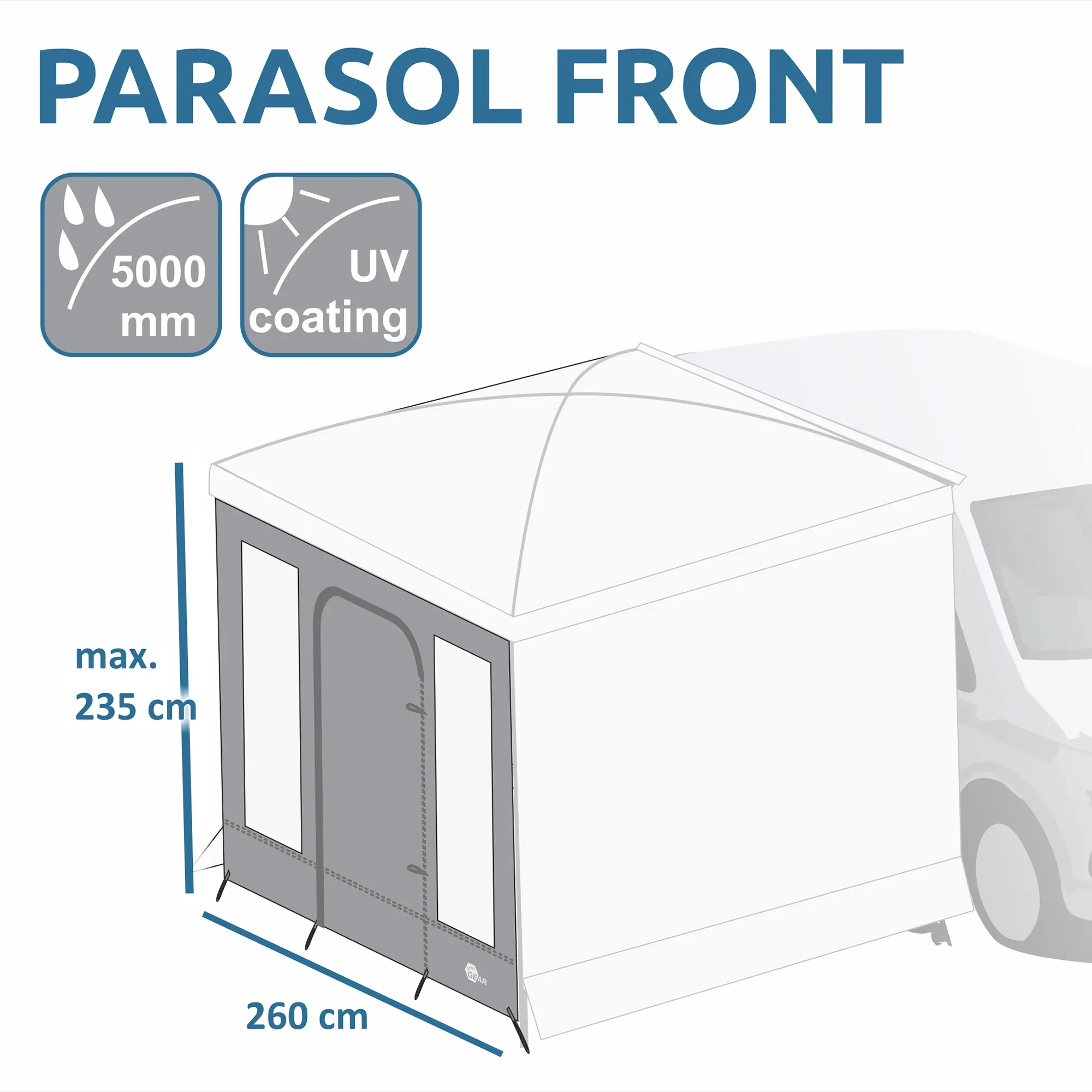 Parasol Vorderwand für Sonnendach, Maße 260x235 cm, mit Tür und Fenster, UV-Schutz 50+, 5000 mm Wassersäule, wetterfest, passend für Campingbus, grau, abgebildet an Fahrzeugvorderseite.