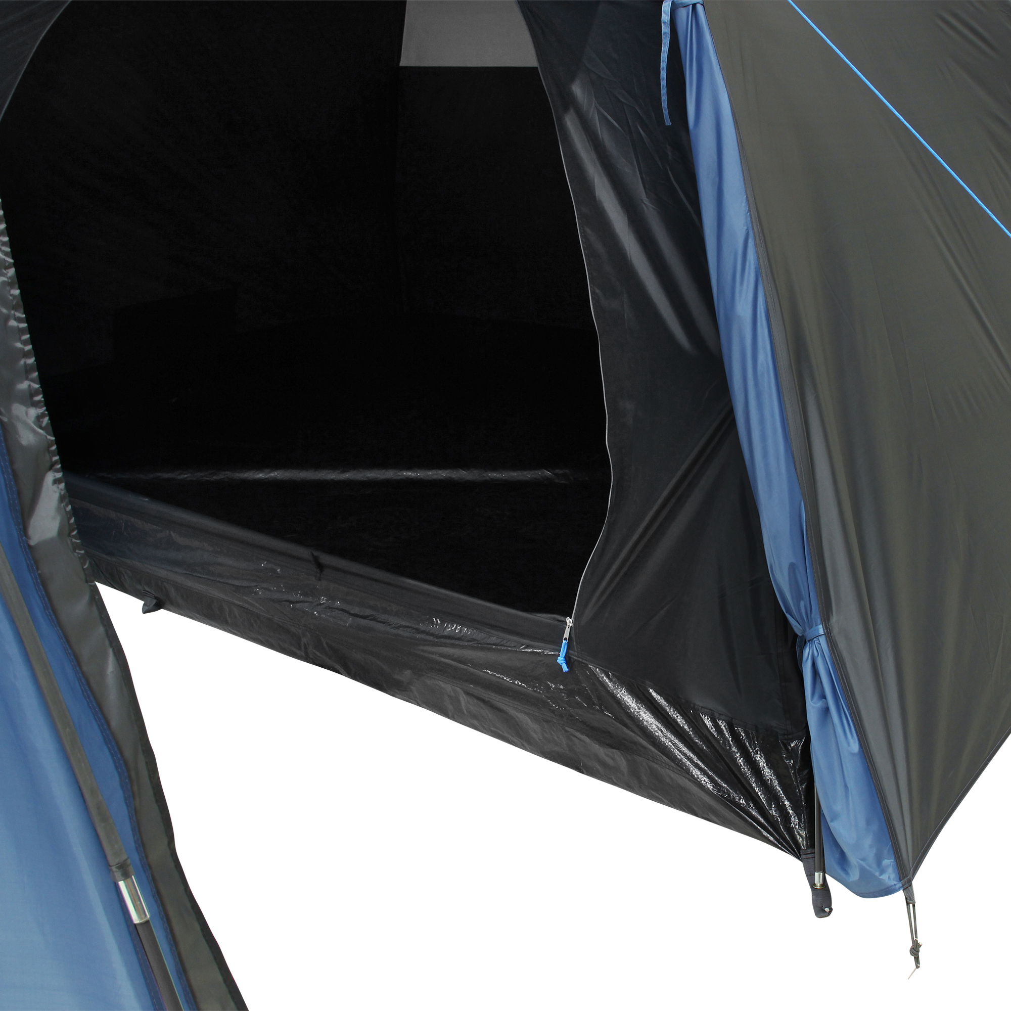your GEAR Cetona 4-person dome tent in blue and grey, shown with open side entrance and spacious interior, waterproof floor, suitable for camping and family trips.