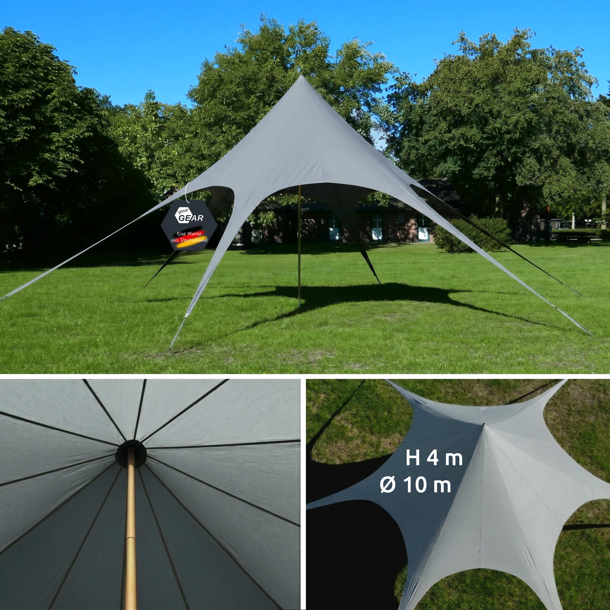 Großes graues Sternzelt / Pavillon your GEAR Sonora Ø 10 m, konisch zulaufende Mitte auf Holzstock, vier lange Spannarme mit Abspannleinen auf grüner Wiese, luftiges Design, wasserabweisendes Sonnendach, H4m sichtbar.
