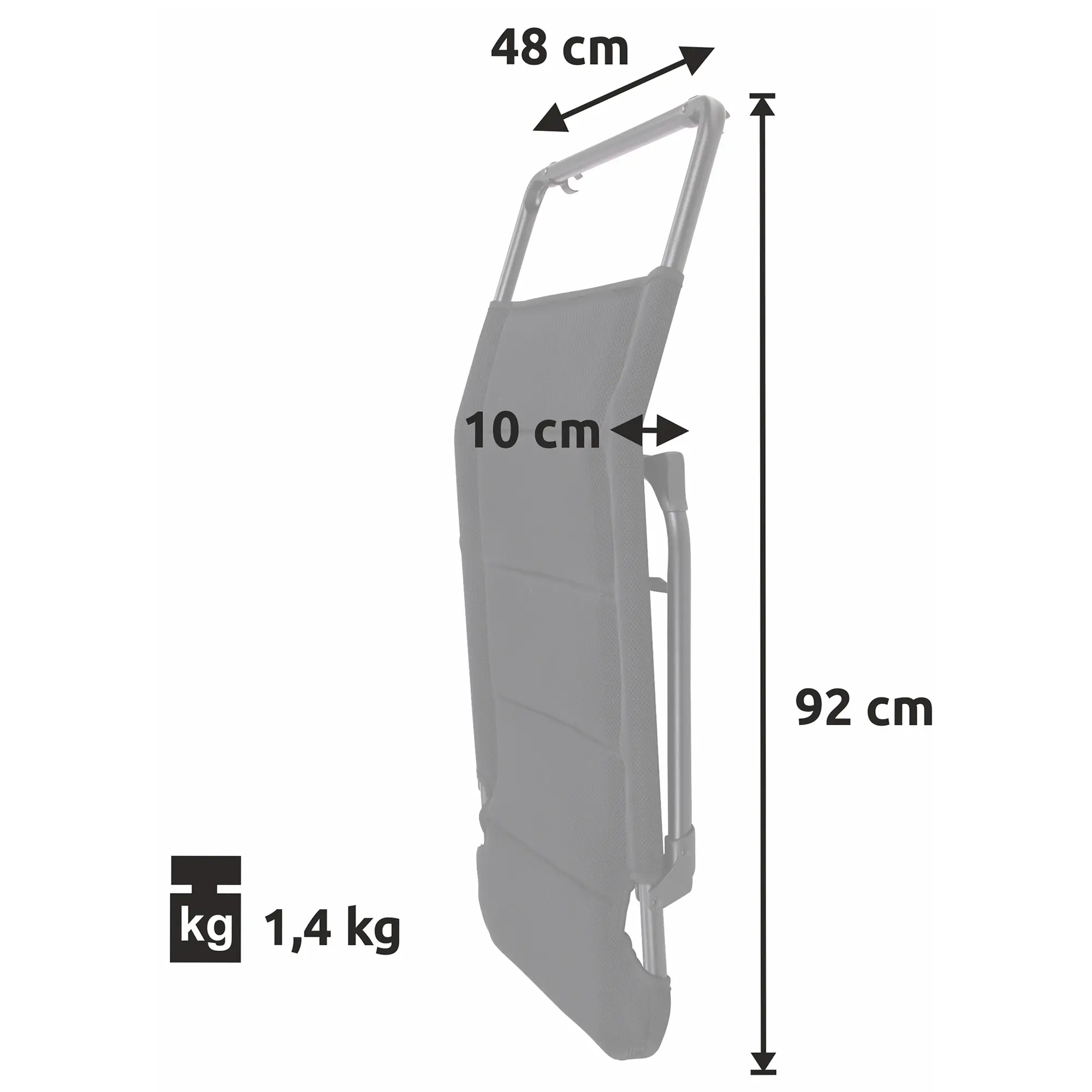 Repose-pieds yourGEAR Sovana 3D plié, 92 cm de haut, 48 cm de large, 10 cm d’épaisseur, poids 1,4 kg, cadre en aluminium robuste, revêtement en mesh 3D respirant, adapté pour fauteuil de camping.
