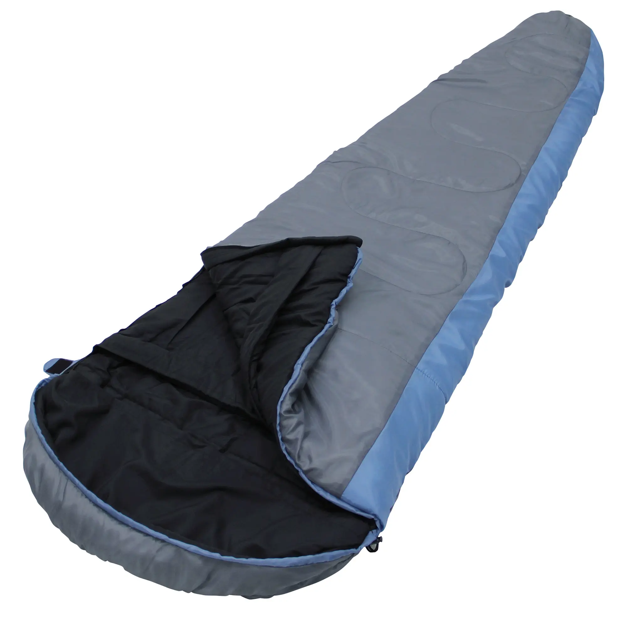 yourGEAR Sirocco mummy sleeping bag, blue and grey, 230x80 cm, shown open with visible inner lining, suitable for 3-4 seasons, designed for cold weather camping and outdoor use.