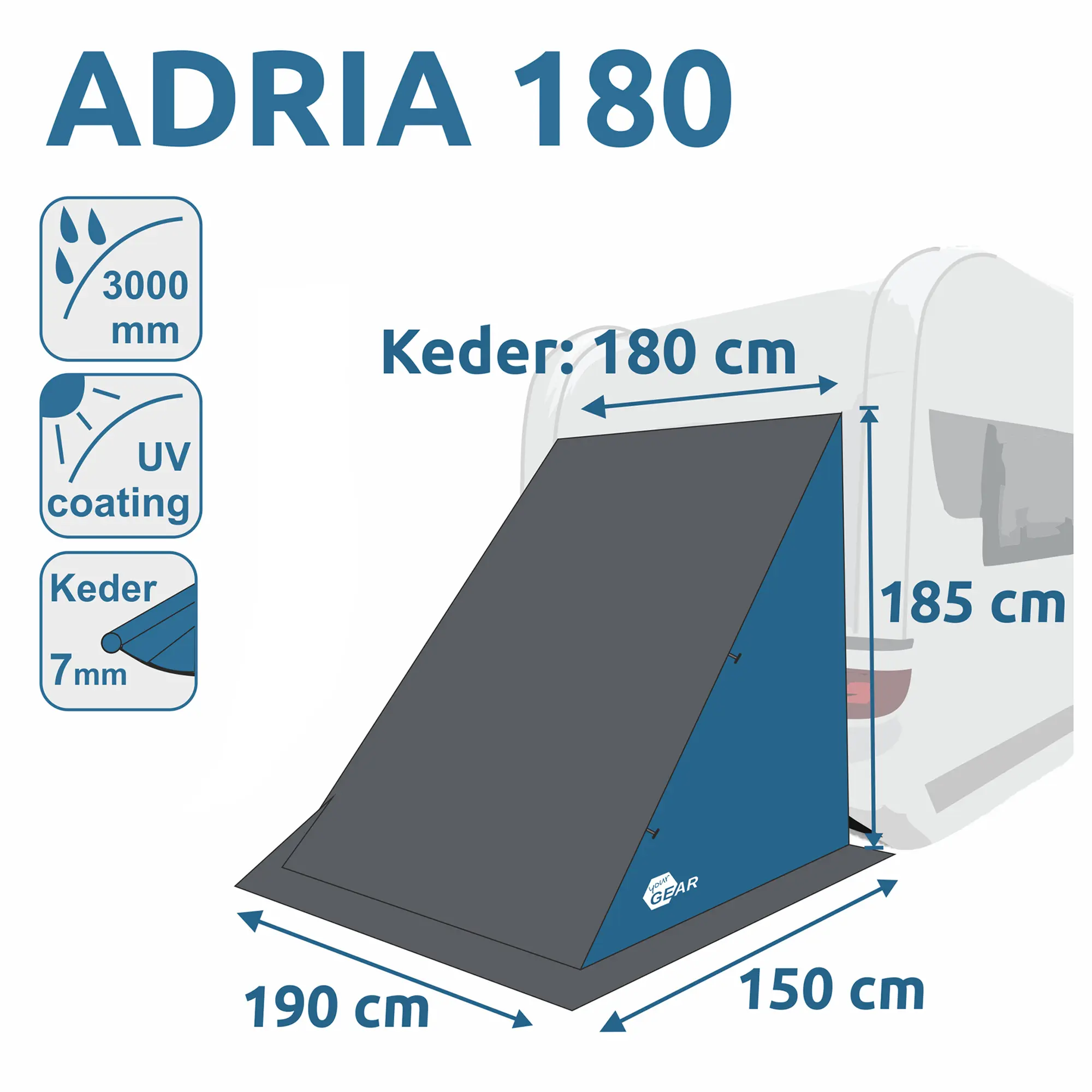 Heckzelt your GEAR Adria 180 am Wohnwagen, Maße 190x150x185 cm, Keder 180 cm, 3000 mm Wassersäule, UV-Schutz, Keder 7 mm, als Lager- oder Gerätezelt für Stauraum hinter dem Caravan.