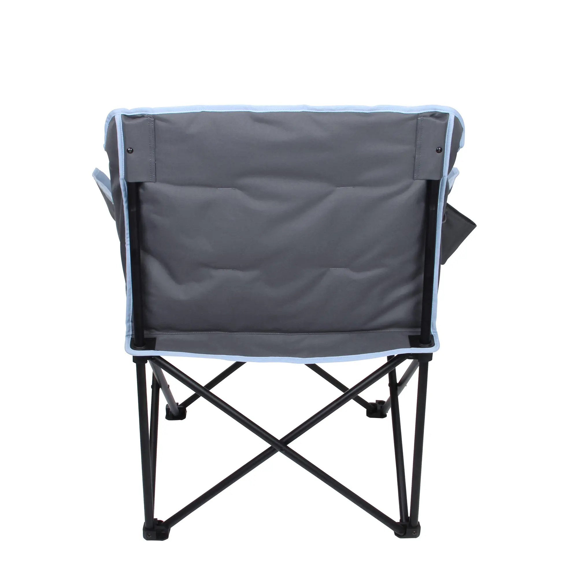 Silla de camping XXL plegable 10T Jace Arona en azul y gris, respaldo y asiento acolchados, estructura metálica negra, con portavasos y bolsillo lateral, soporta hasta 130 kg. Vista trasera del producto.