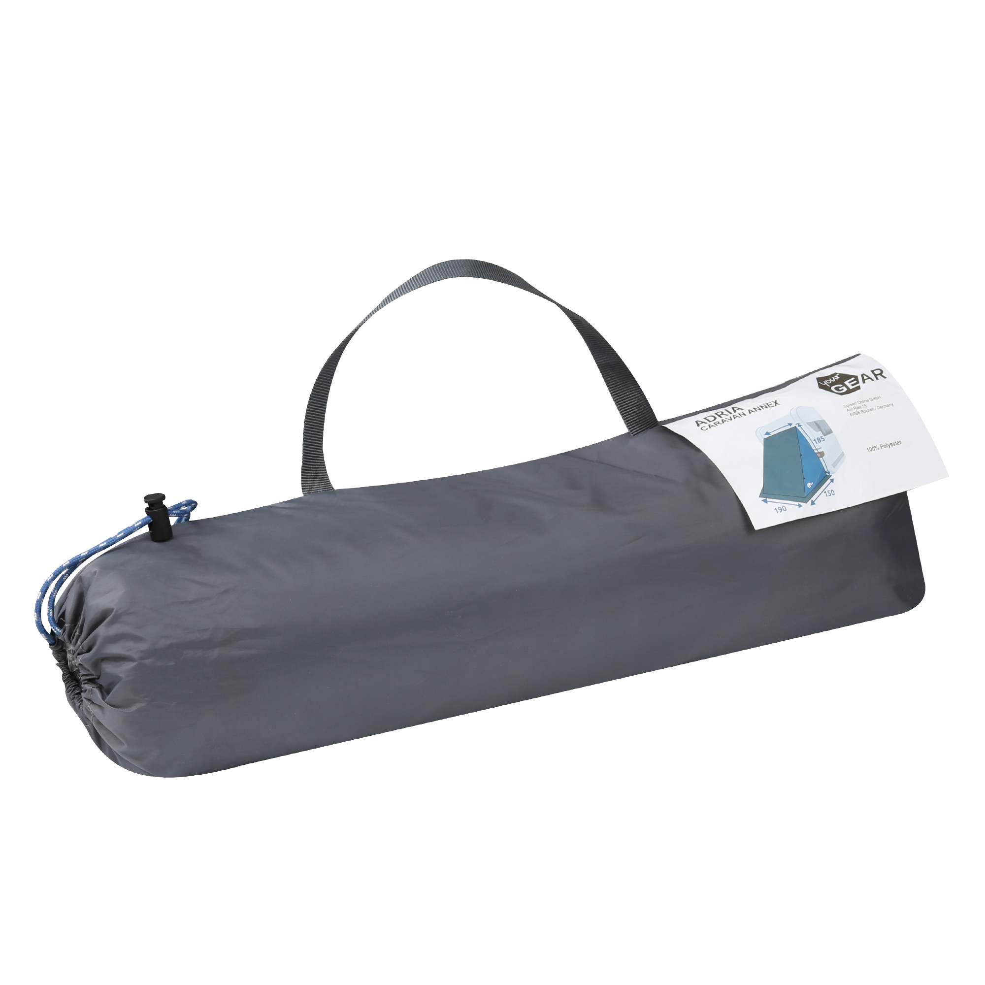 Sac de transport gris pour auvent arrière de caravane your GEAR Adria 180, poignée noire, cordon de serrage et étiquette illustrée montrant l’utilisation du produit comme tente de stockage pour caravane.