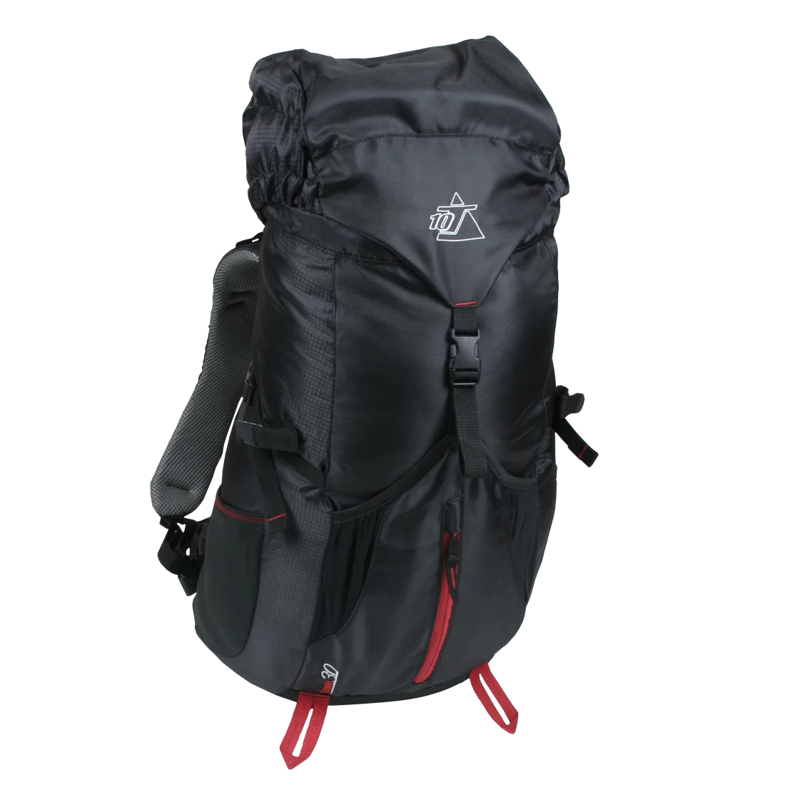 10T Towa 30L hiking backpack in black with red accents, front buckle closure, side mesh pockets, padded shoulder straps, and visible 10T logo; suitable for trekking, includes rain cover and hydration system compatibility.
