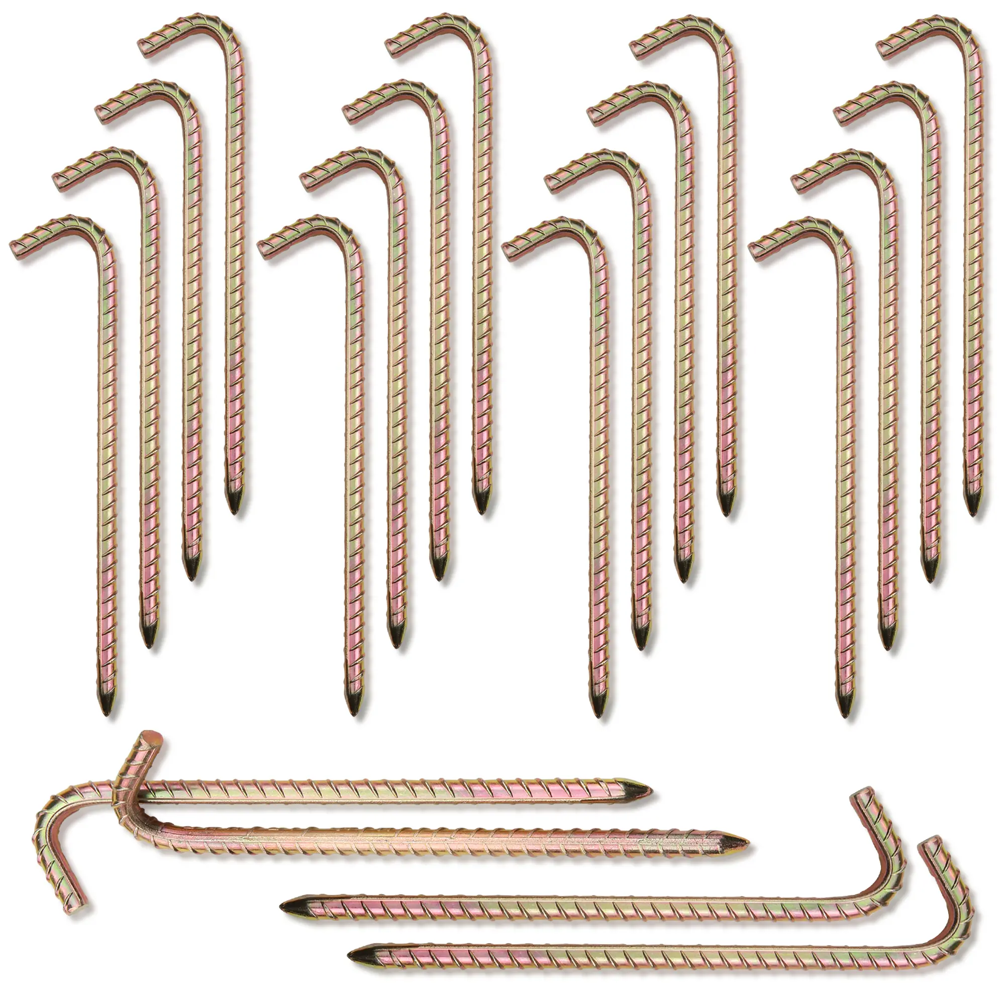 20 piquetas de tienda your GEAR RX 250, acero acanalado, 10x250 mm, robustas y reforzadas, con extremo puntiagudo y cabeza en ángulo para fijación segura de tiendas o toldos.