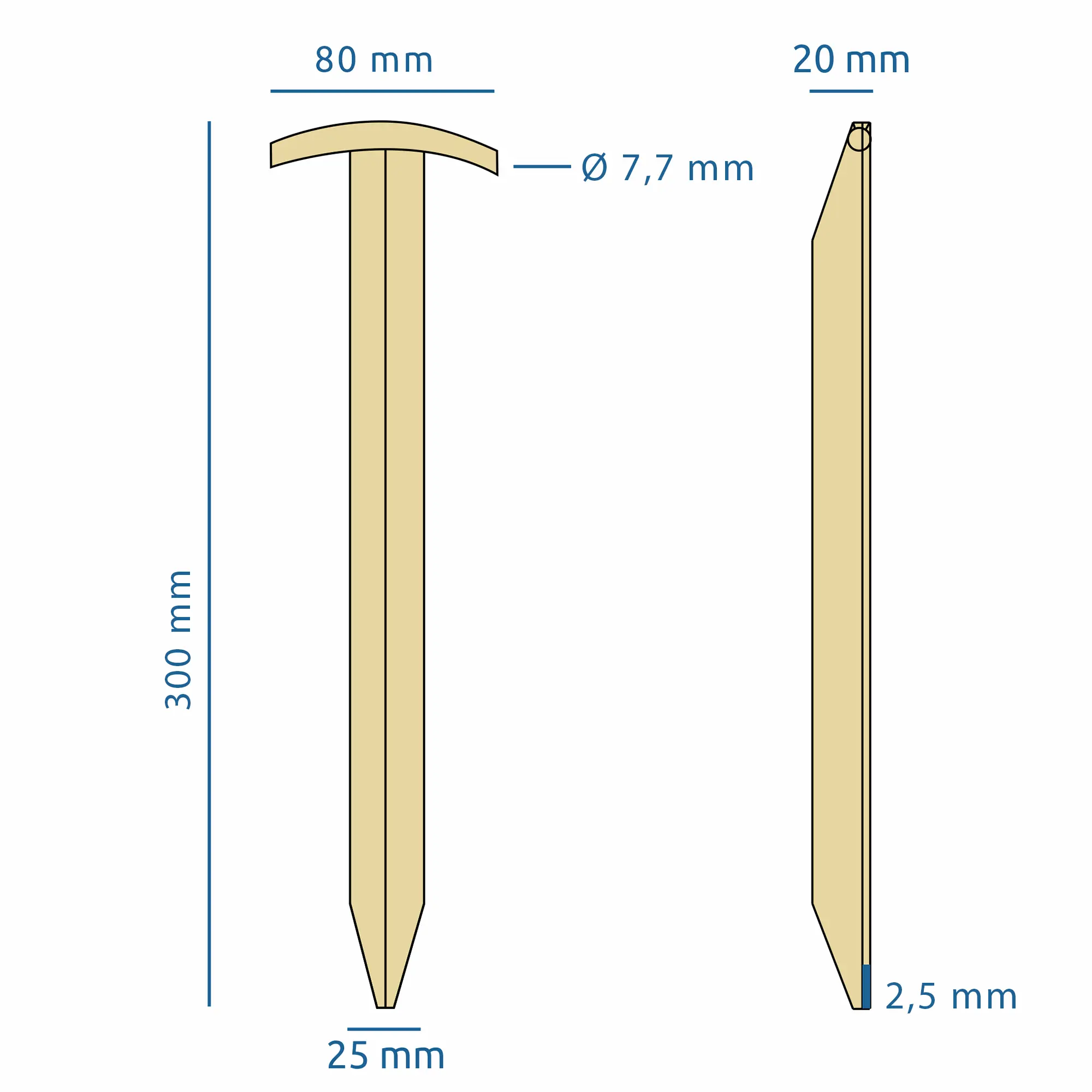 Zelthering aus Stahl mit T-Profil, 300 mm lang, 80 mm breit am Kopf, 25 mm am Schaft, 20 mm tief, 2,5 mm dick, robuste Ausführung ideal zur Zeltbefestigung, your GEAR TT 300.