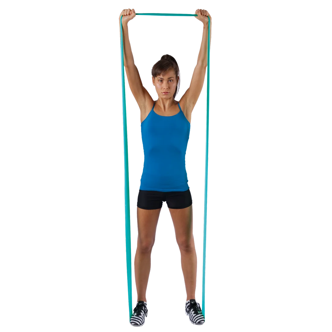 Woman demonstrating the Spirit Fitnessband, 183x10 cm, latex-free resistance band with 13.5 kg resistance, held overhead; ideal for versatile strength and rehabilitation exercises.