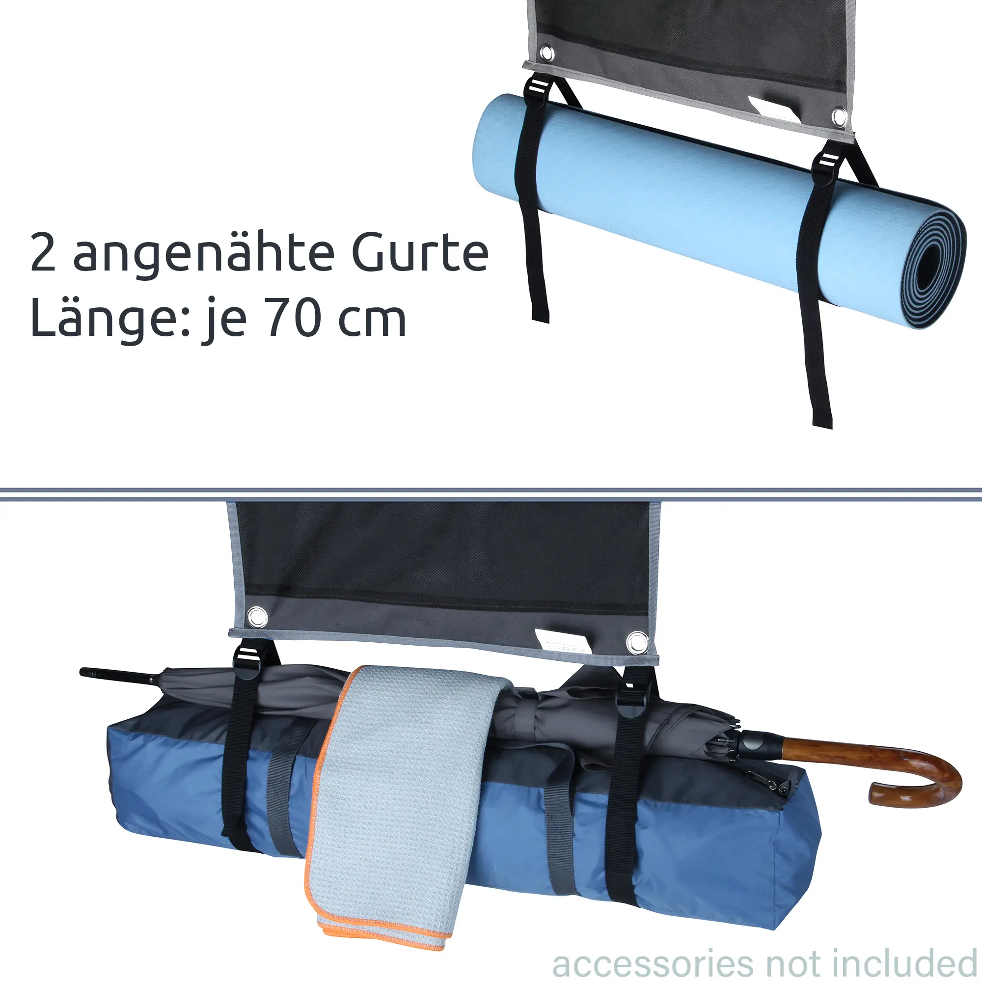 Organiseur suspendu your GEAR pour caravane 140x45 cm en mesh gris avec 10 compartiments, œillets et sangles noires de fixation (2 longues) tenant tapis roulé et sac, utilisation pour tente/vorzelt/wohnwagen.
