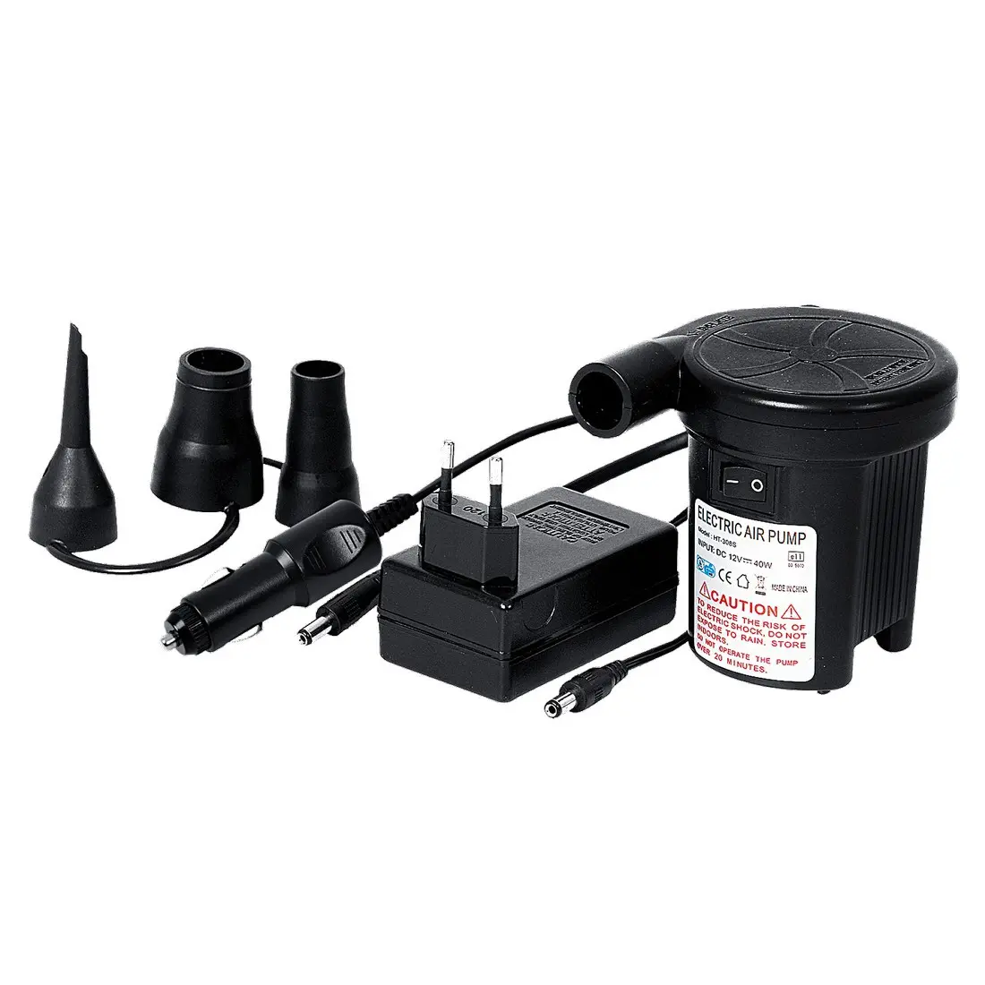 Pompa elettrica Jilong 230V/12V con 3 adattatori, compressore d’aria 25 mbar, presa auto e spina europea, ideale per gonfiare materassini, piscine e gonfiabili.