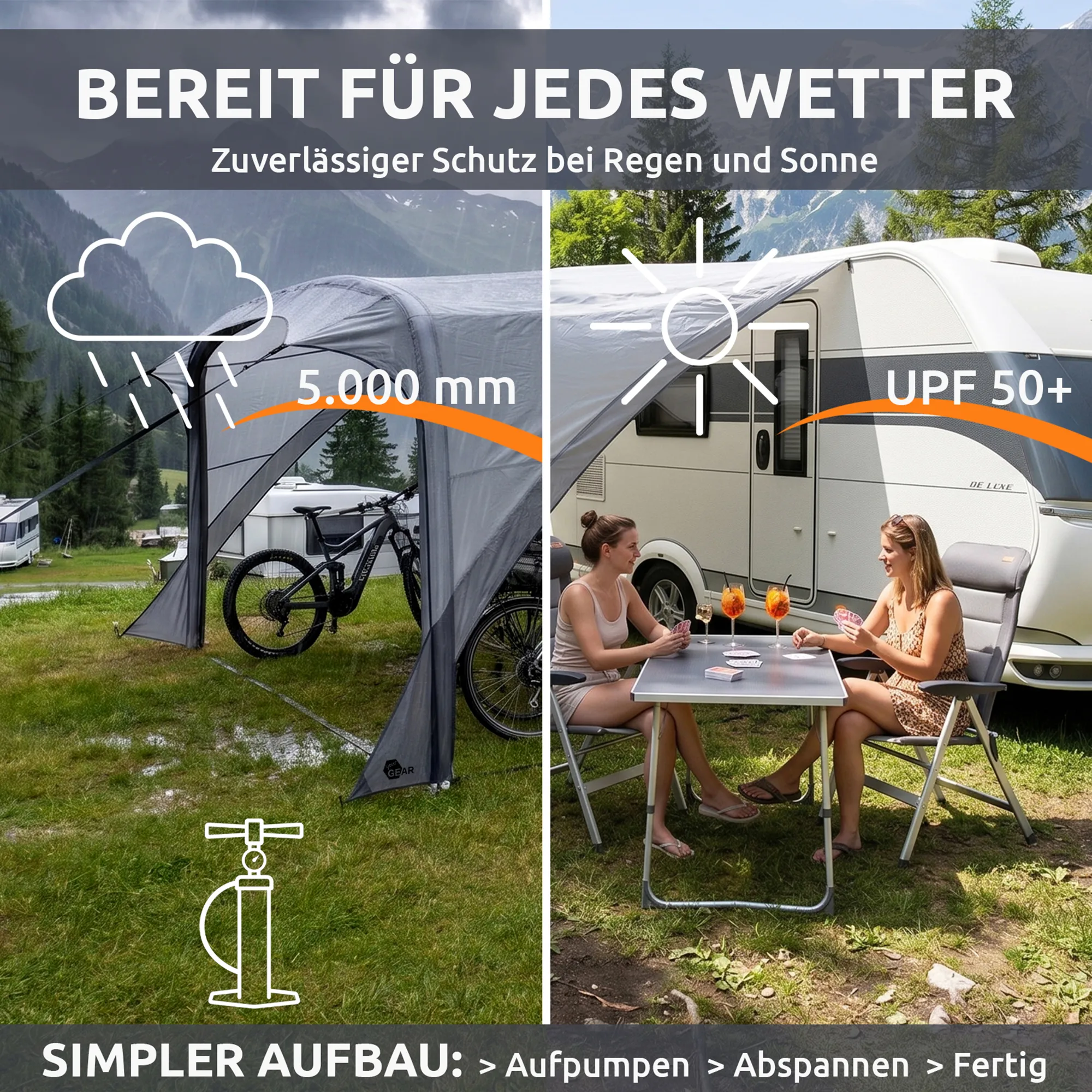 Auvent gonflable your GEAR Amalfi Air 3.6 fixé au caravane, tissu gris, protection pluie 5 000 mm et UPF 50+, structure à air et pompe, espace abrité avec vélos et coin repas extérieur.
