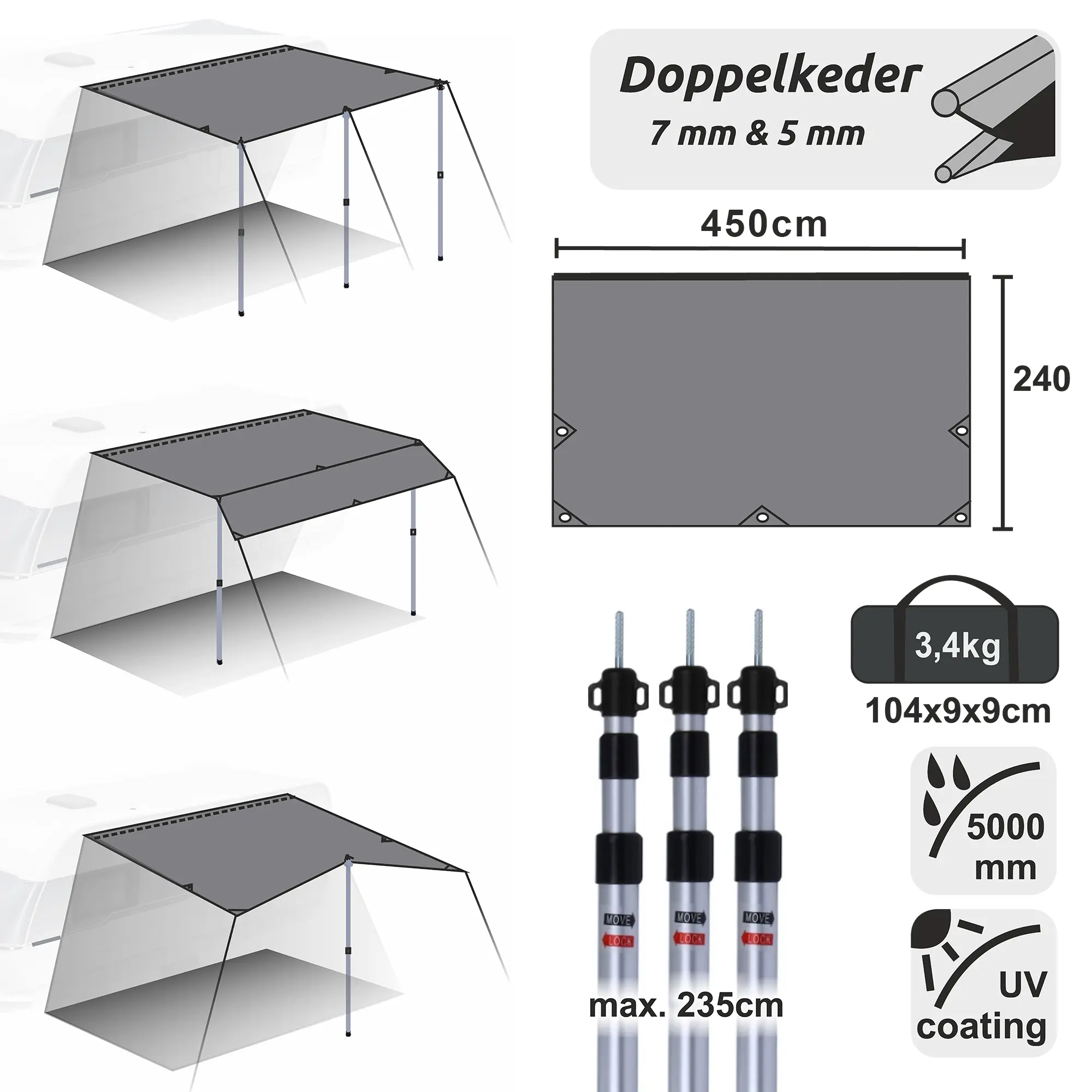Auvent your GEAR pour caravane 4,5 x 2,4 m, gris, avec 3 mâts télescopiques alu, double jonc 7/5 mm, résistant à l’eau 5000 mm, protection UV 50+, poids 3,4 kg, sac de transport inclus.