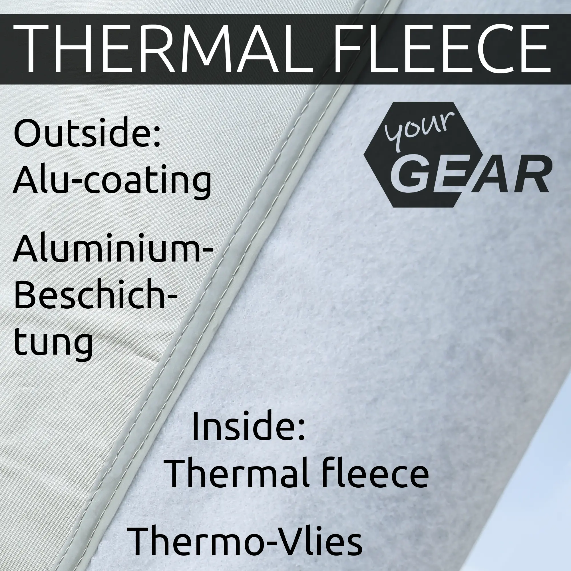 Sonnenschutzmatte your GEAR Sanremo für VW T5 T6 T6.1, Detailansicht des Materials: außen silberne Aluminium-Beschichtung, innen Thermo-Vlies, ideal als Hitzeschutz und Sichtschutz für Front- und Seitenscheiben.
