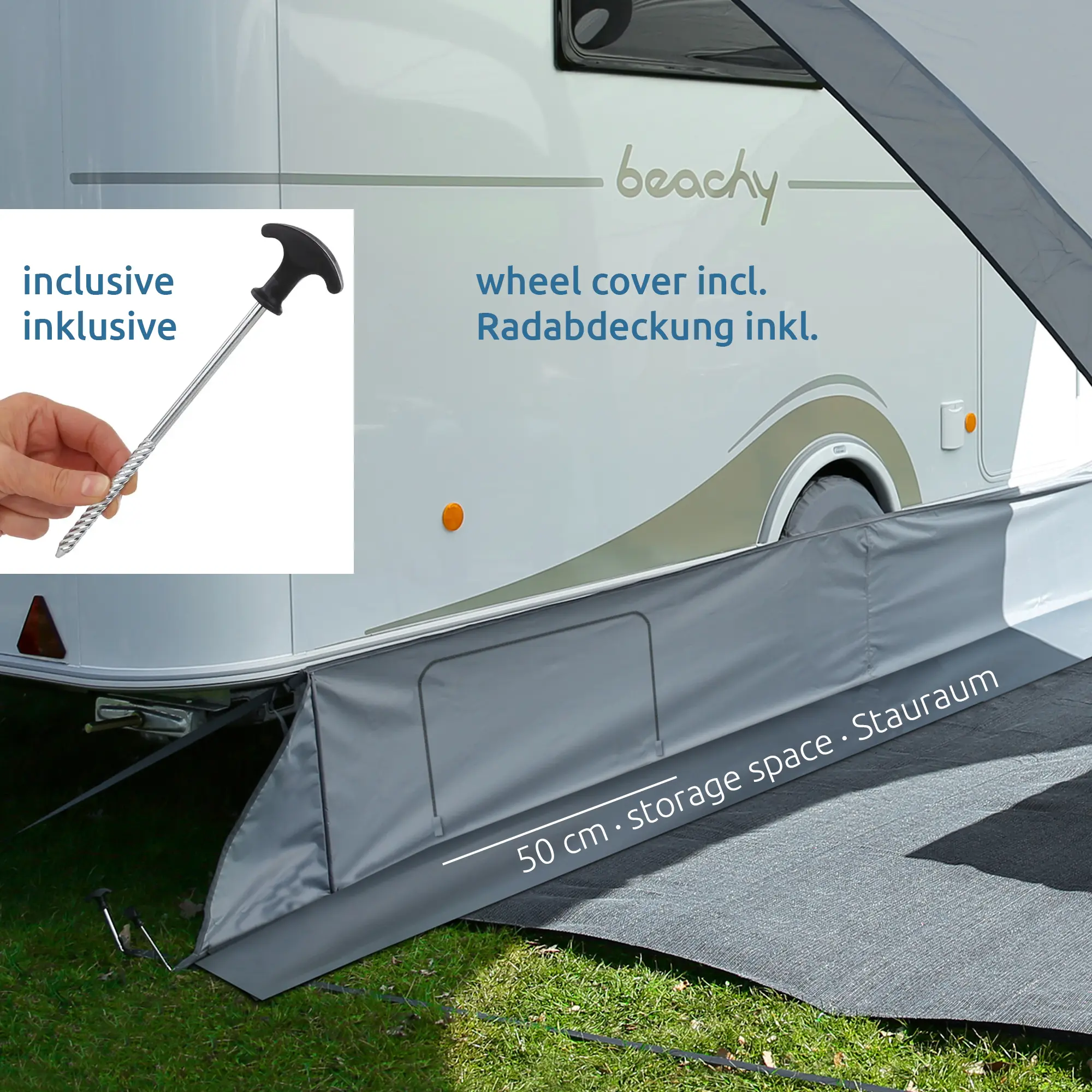 Windschürze your GEAR Brela für Hobby Beachy 360 Wohnwagen, grau, mit Radabdeckung und 50 cm Stauraum; inkl. Befestigungshering, montiert an Wohnwagenseite auf Campingplatz.