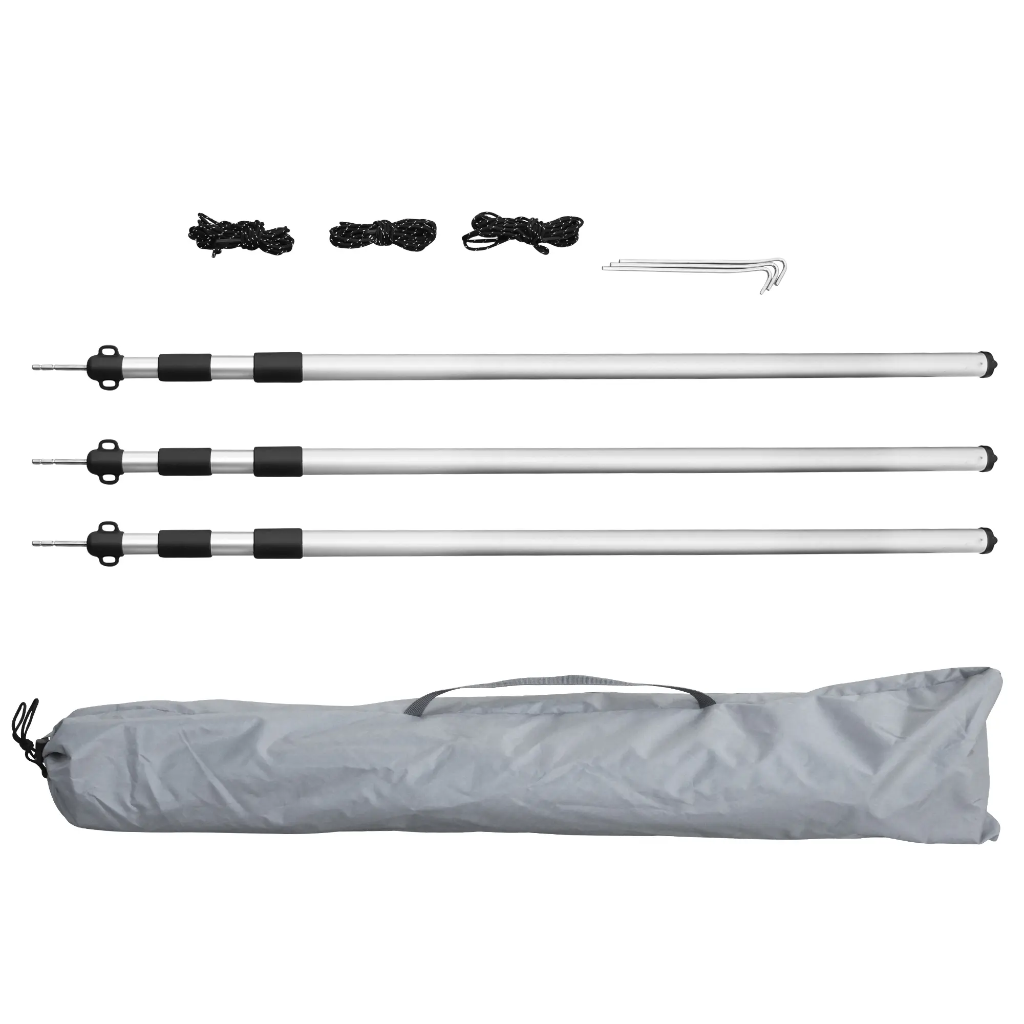 Tarp pour caravane your GEAR 4,5 x 2,4 m, couleur gris, avec trois mâts télescopiques en aluminium, cordes, sardines et sac de transport. Protection UV 50+, idéal comme auvent de camping.