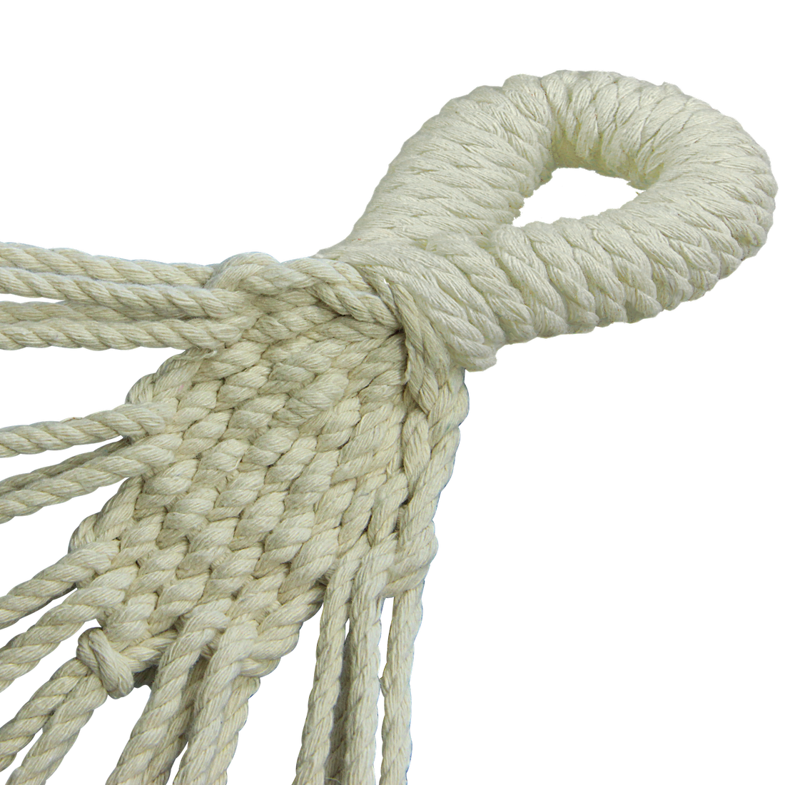Gros plan sur la boucle d’attache en corde épaisse de la hamac 10T Devellin XL, en coton tressé, montrant la solidité et la finition du système de fixation pour une personne.