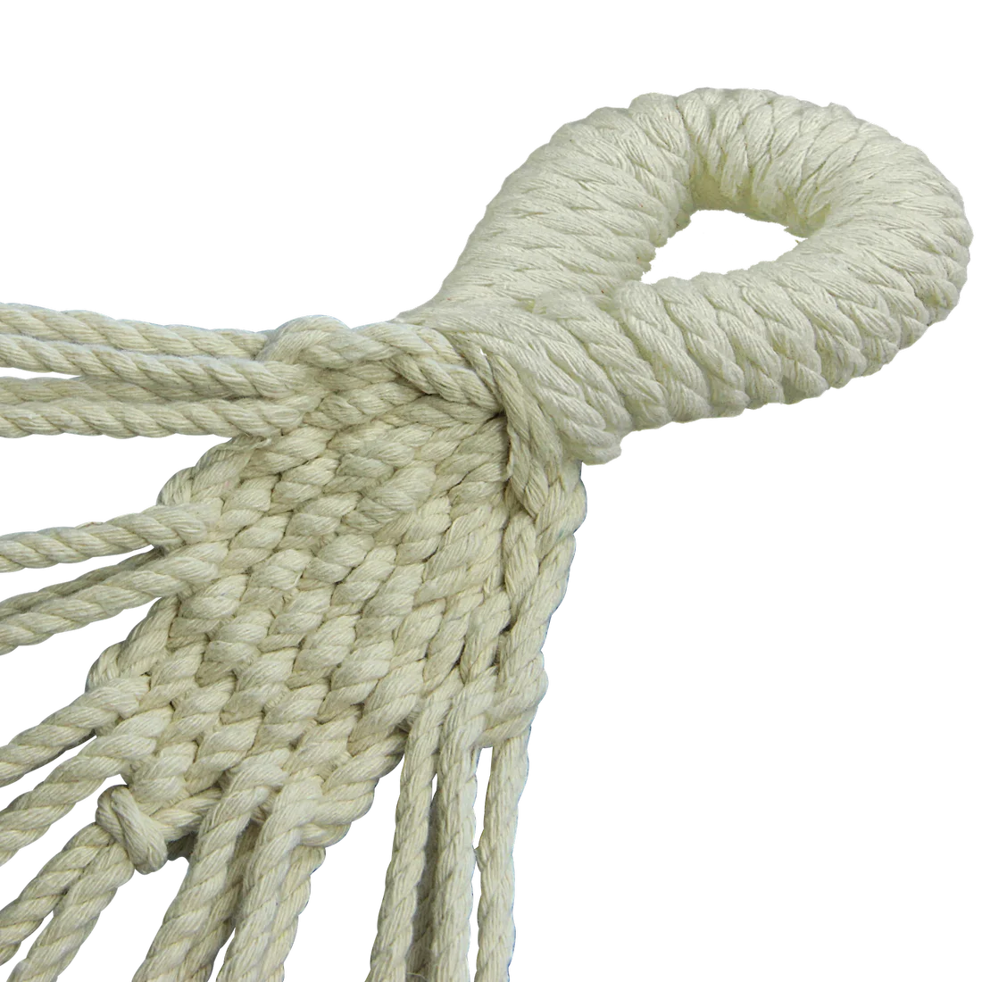 Gros plan sur la boucle d’attache en corde épaisse de la hamac 10T Devellin XL, en coton tressé, montrant la solidité et la finition du système de fixation pour une personne.