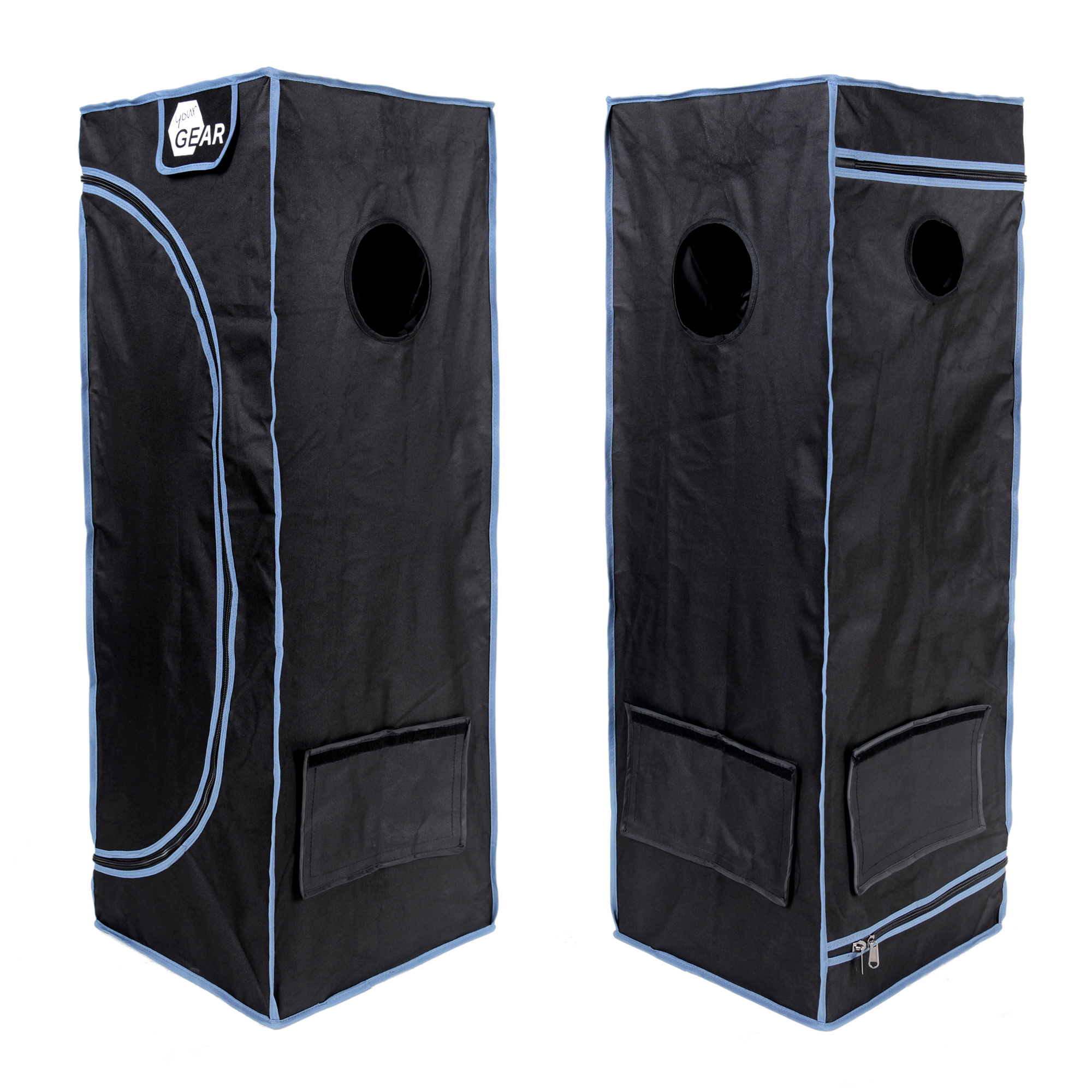Growzelt yourGEAR Plantsville 40x40x120 cm, schwarzes Indoor Zuchtzelt mit blauen Nähten, runder Belüftungsöffnung, Sichtfenster und Reißverschluss, ideal für Pflanzenanzucht und Indoor-Gewächshaus.