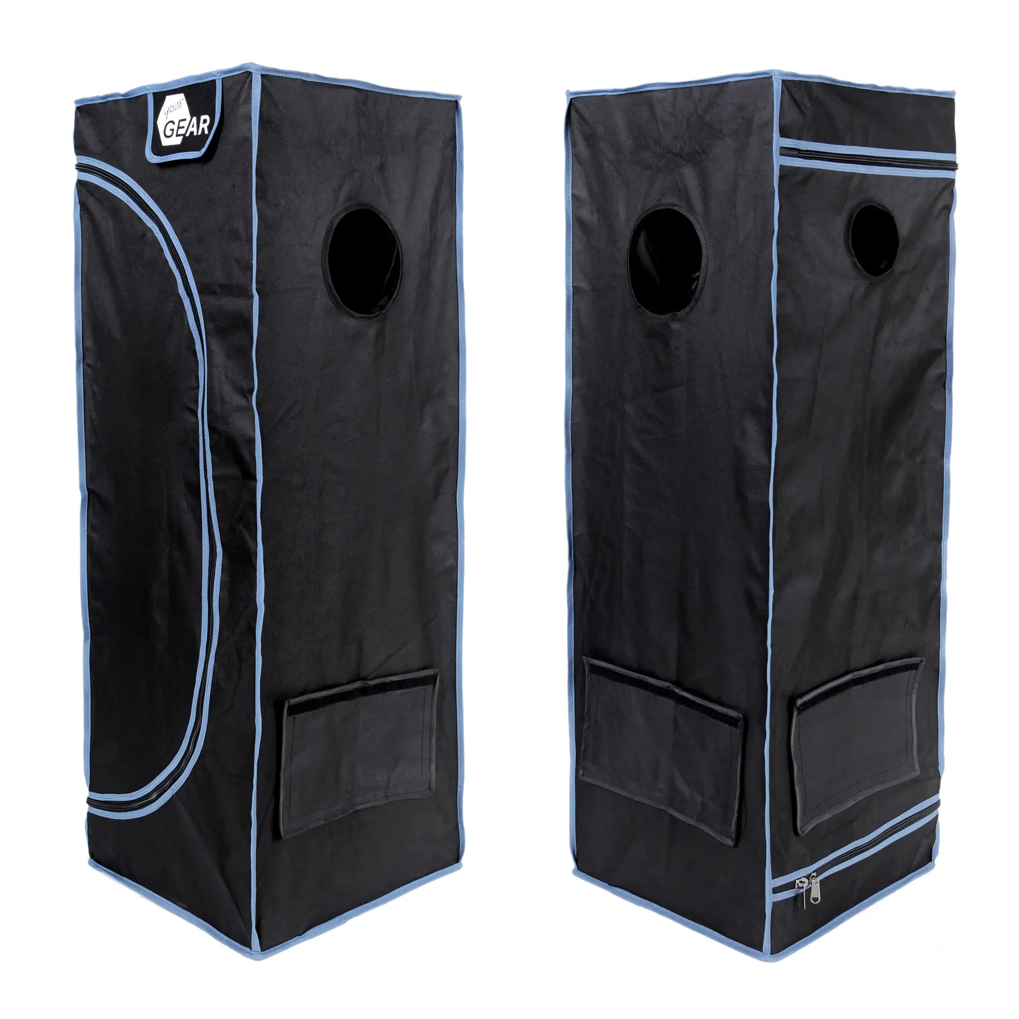 Tente de culture yourGEAR Growzelt Plantsville 40x40x120 cm, noire avec liserés bleus, ouverture zippée, fenêtres de ventilation et logo yourGEAR, conçue pour la culture indoor de plantes.