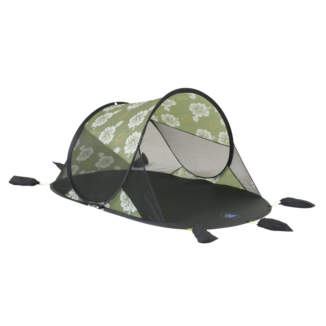 Pop Up Strandmuschel 10T Flower XL für 2 Personen, grün mit weißem Blumenmuster, UV 50+ Sonnenschutz, Bodenplane, Sandtaschen und Gestänge, ideal als Windschutz und Sonnenschutz am Strand.