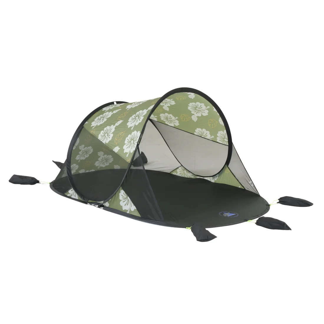 Pop Up Strandmuschel 10T Flower XL für 2 Personen, grün mit weißem Blumenmuster, UV 50+ Sonnenschutz, Bodenplane, Sandtaschen und Gestänge, ideal als Windschutz und Sonnenschutz am Strand.
