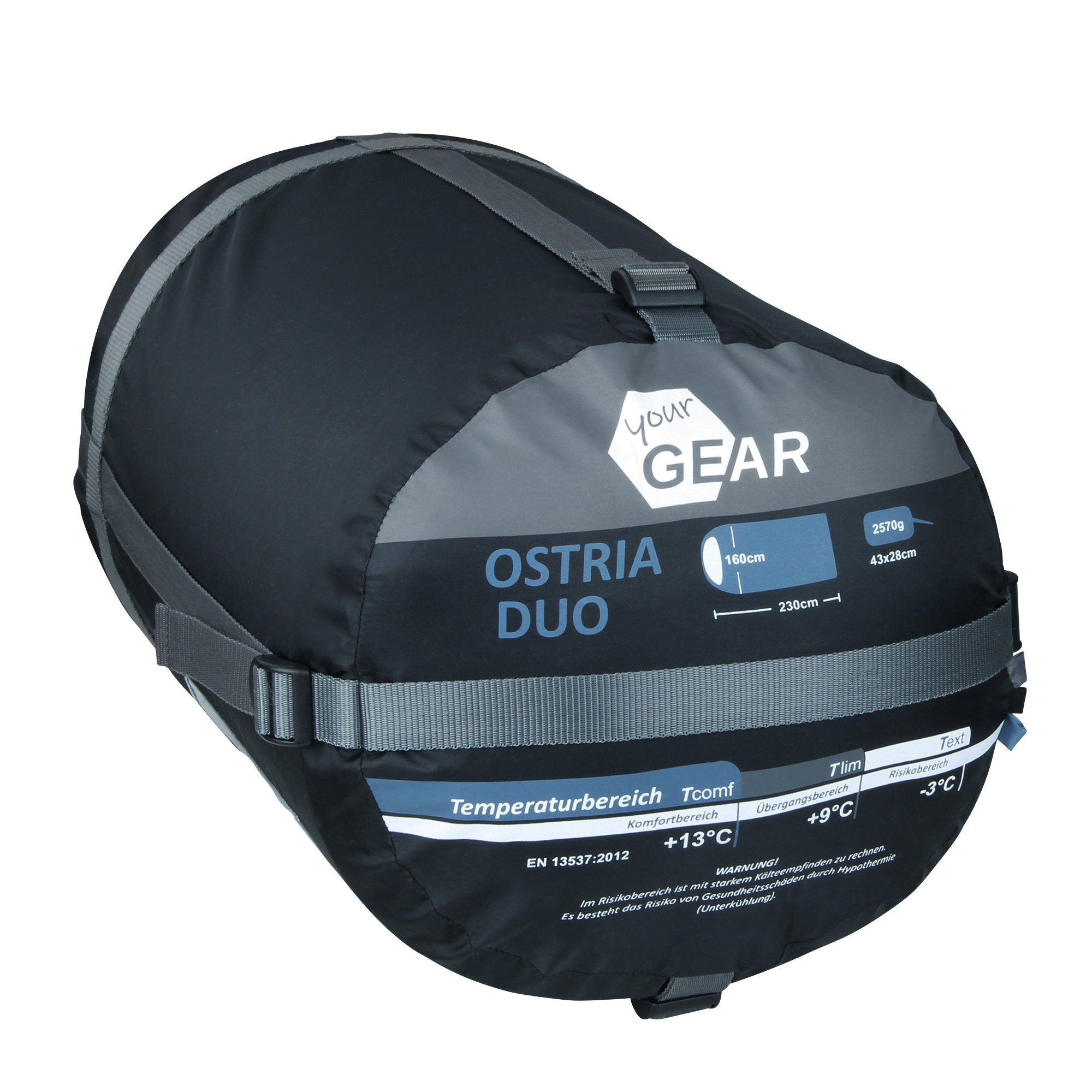 Sac de couchage double yourGEAR Ostria Duo bleu et gris, compacté dans un sac de compression, dimensions 230x160 cm, poids 2570 g, indiqué pour deux personnes, température limite -3°C.