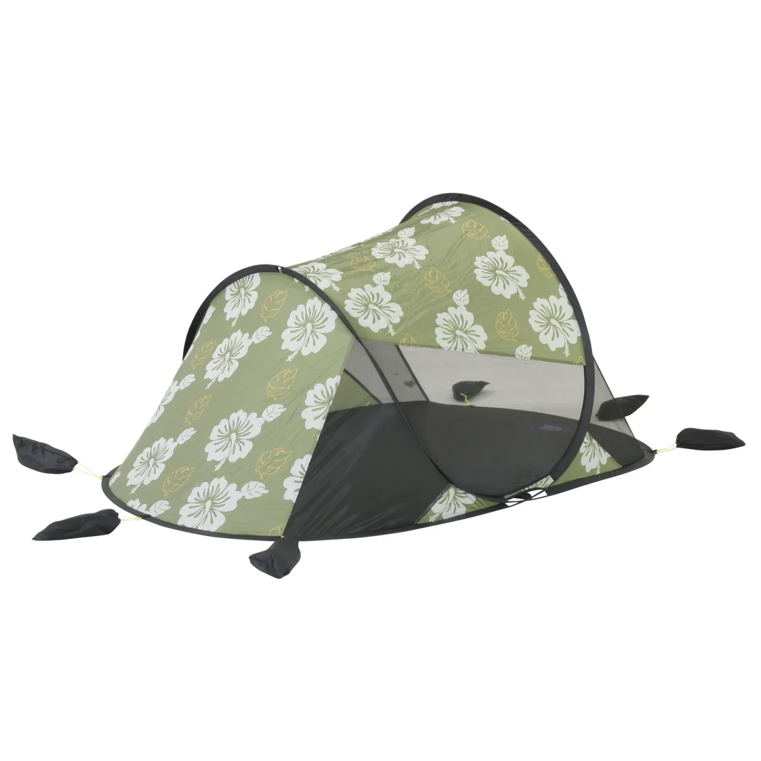 Grüne 10T Pop Up Strandmuschel mit weißen Blumen, UV 50+ Sonnenschutz, Bodenplane, seitlichem Netzfenster, schwarzen Sandtaschen zur Fixierung und kompakter Wurfzeltform für zwei Personen.
