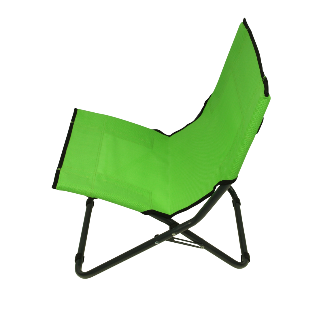 Green Fridani BCG XL folding beach chair with breathable fabric, black metal frame, low seat, and carrying handle. Ideal for camping, garden, or beach. Shown in side view on a white background.