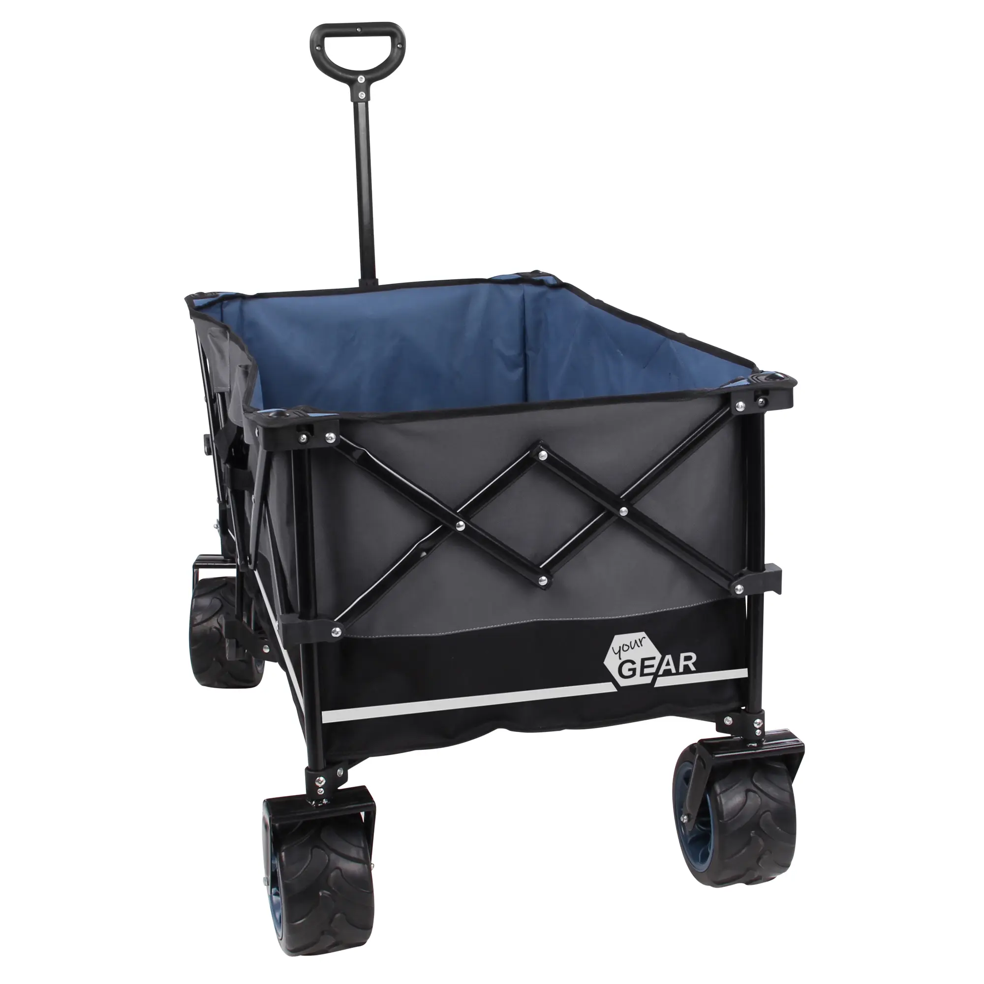 yourGEAR XXL faltbarer Bollerwagen mit stabilem schwarzem Rahmen, großem blauen Laderaum, breiten 10cm Gummireifen, ausziehbarer Griff und Logo auf der Seite, ideal für Camping, Strand und Outdoor.