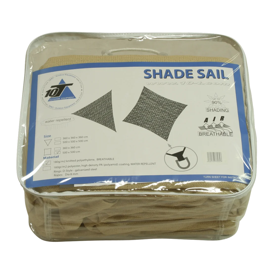 Voile d'ombrage 10T Patterson 5x5 m beige, carrée, en polyéthylène respirant, protection solaire 90 %, livrée avec sac de transport transparent et cordes, idéale jardin, terrasse ou camping.