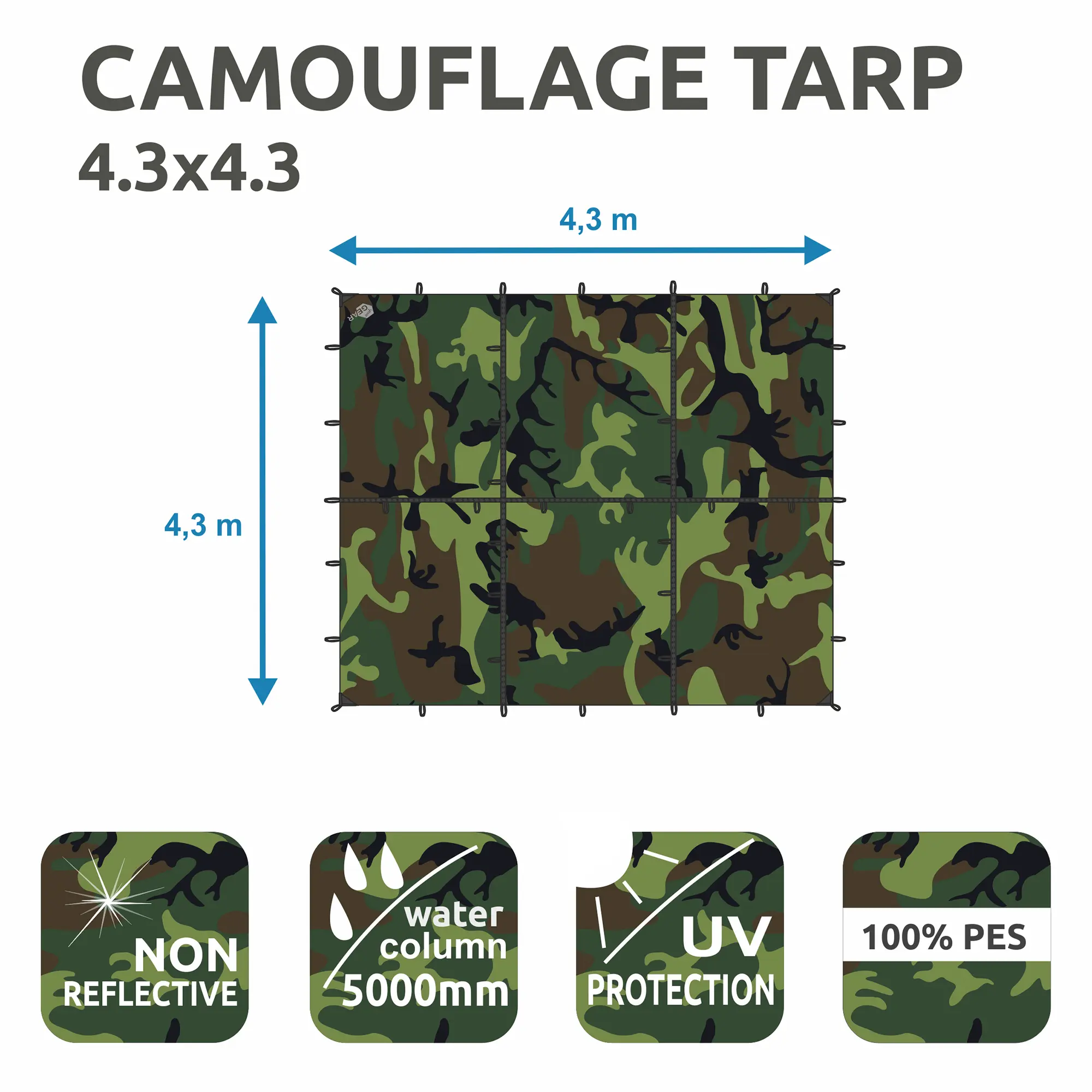 Tarp mimetico yourGEAR 4,3x4,3 m, impermeabile, anti-UV 50+, tessuto 100% PES, non riflettente, colonna d’acqua 5000 mm, ideale per campeggio, trekking e survival.