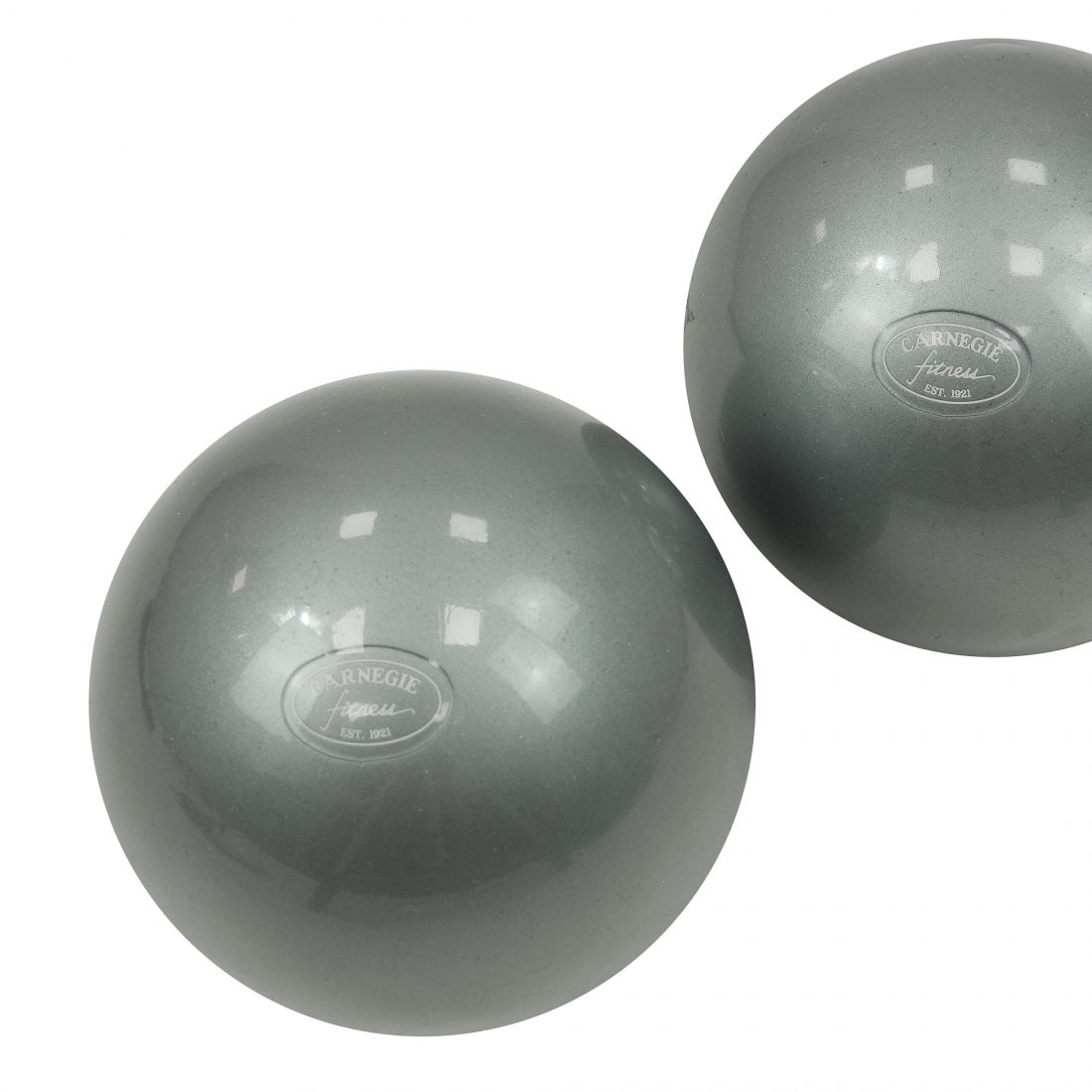 Due palle tonificanti grigie Carnegie Fitness con superficie liscia e logo visibile, ideali per esercizi di forza e allenamento a casa, parte del set fitness per yoga, pilates e workout quotidiano.