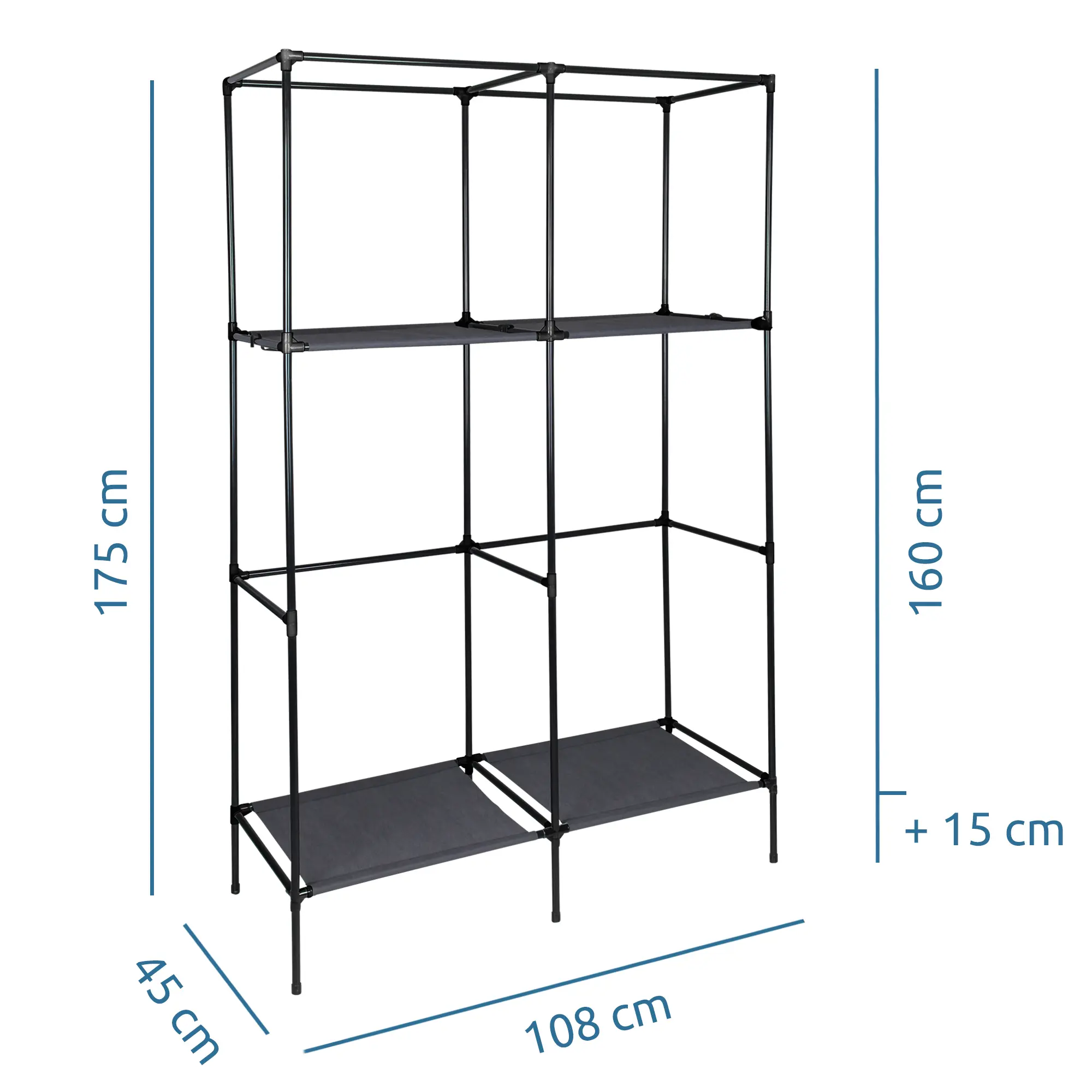 yourGEAR Grado fabric wardrobe frame, 108x45x175 cm, with two clothes rails and four shelves, shown in black-grey, open design, measurements marked, suitable for storing clothes, shoes, and accessories.