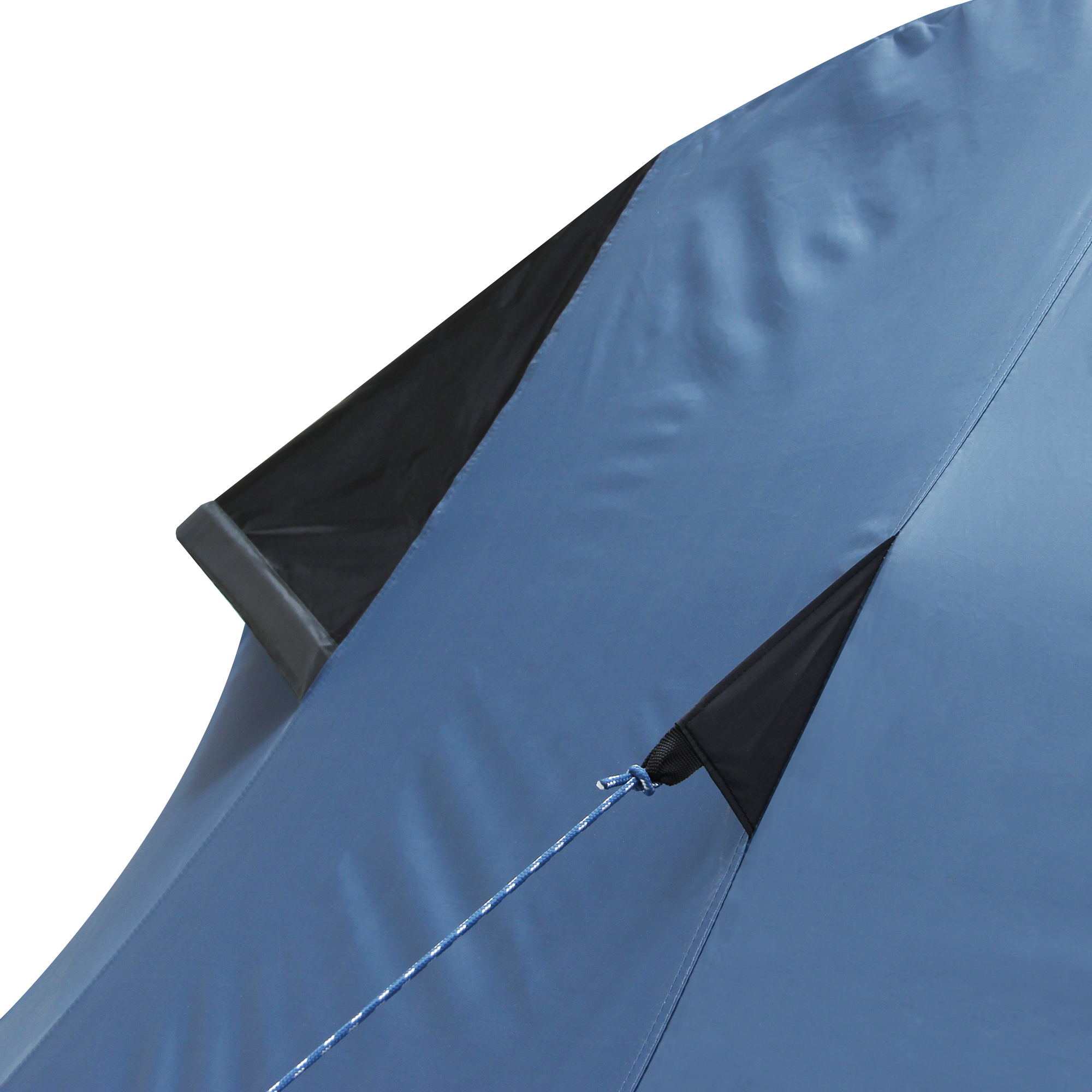 Detalle lateral del your GEAR Zelt ORA, tienda de campaña azul para 2 personas con protección UV 50+, costuras reforzadas, ventilación negra y cuerda de sujeción; ideal para trekking y resistente al agua.