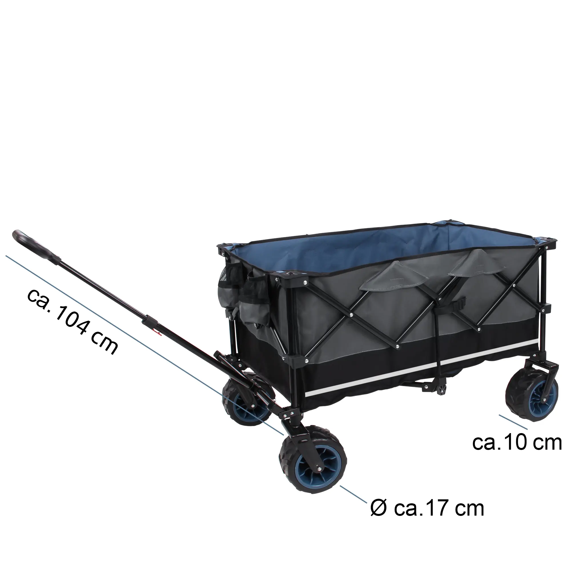 yourGEAR faltbarer Bollerwagen XXL, schwarz-blau, mit 10 cm breiten Gummireifen, ca. 17 cm Raddurchmesser, 104 cm langer Griff, 195 l Volumen, zwei Getränkehalter, stabiler Rahmen, für Strand und Outdoor.