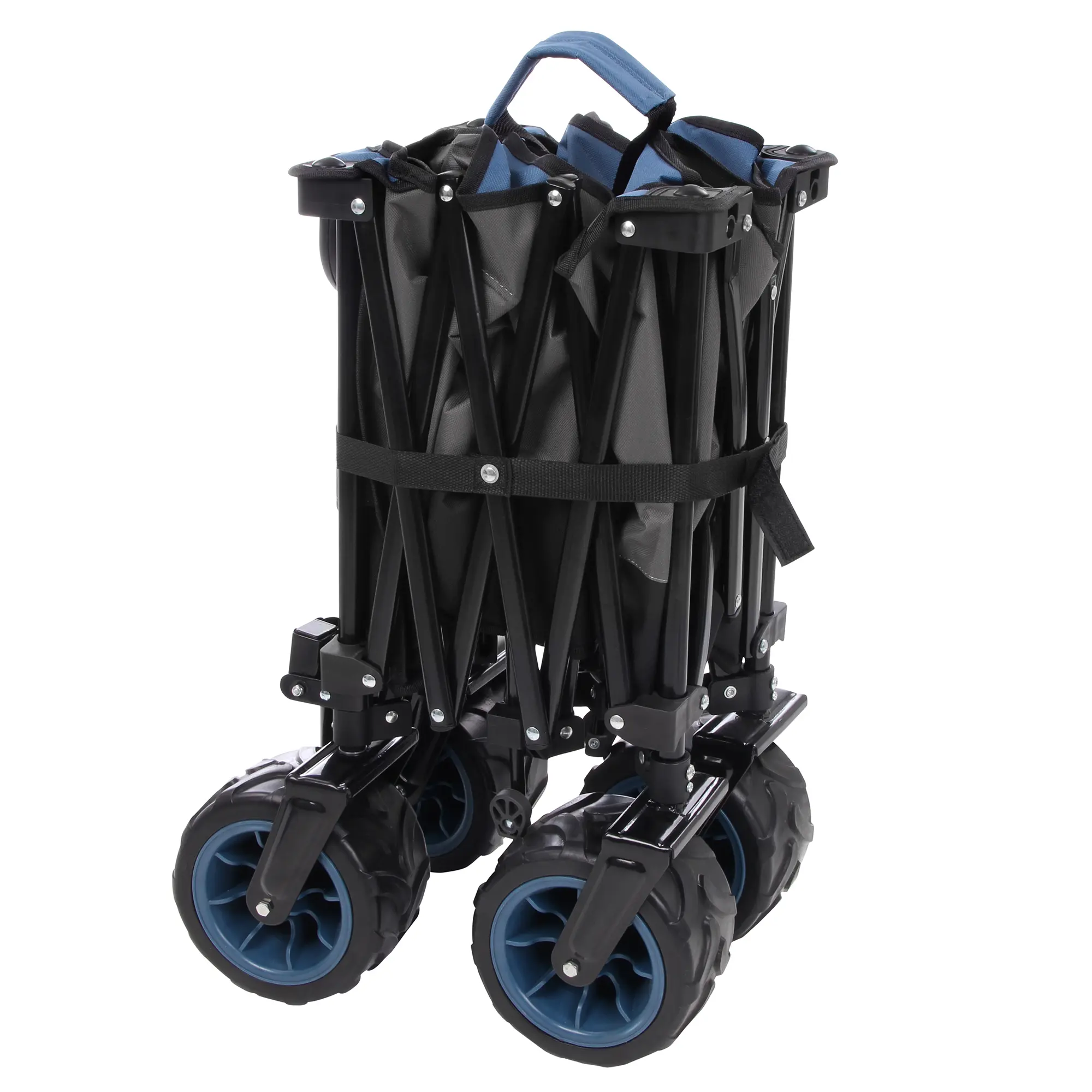 yourGEAR faltbarer Bollerwagen XXL, zusammengefaltet, mit robustem Gestell, 10 cm breiten Gummireifen und Tragegriff, kompakt für Transport und Lagerung, ideal für Camping und Strand.