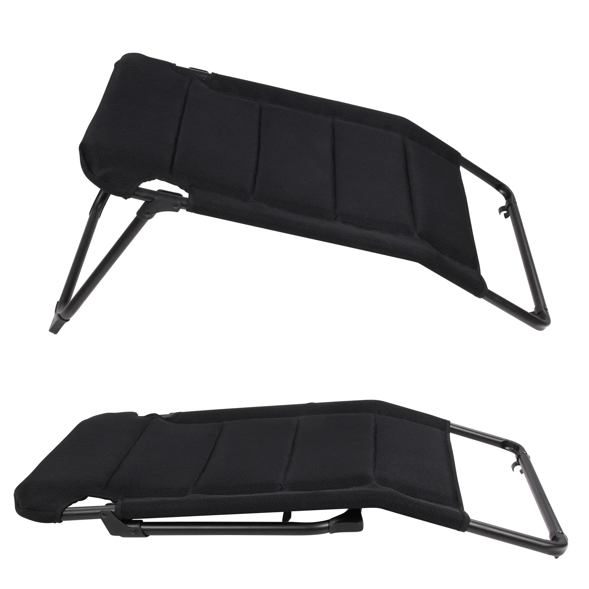 Poggiapiedi yourGEAR Sovana 3D per sedia da campeggio, con rivestimento in mesh 3D nero e telaio in alluminio pieghevole, mostrato sia aperto che chiuso, ideale per relax all’aperto.