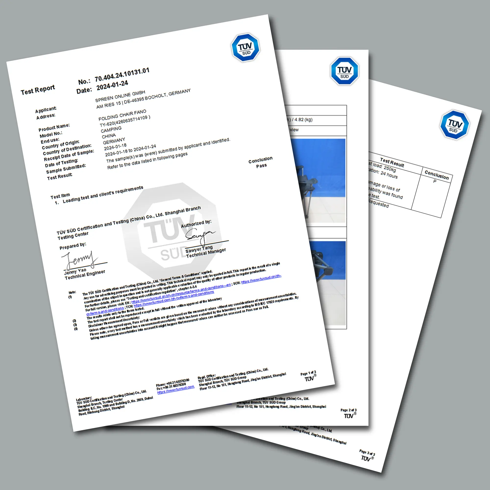 Tre certificati TÜV per il your GEAR Campingstuhl Fano, che attestano la portata di 250 kg e la conformità a standard di sicurezza per sedie da campeggio pieghevoli, con dettagli tecnici e foto del prodotto.