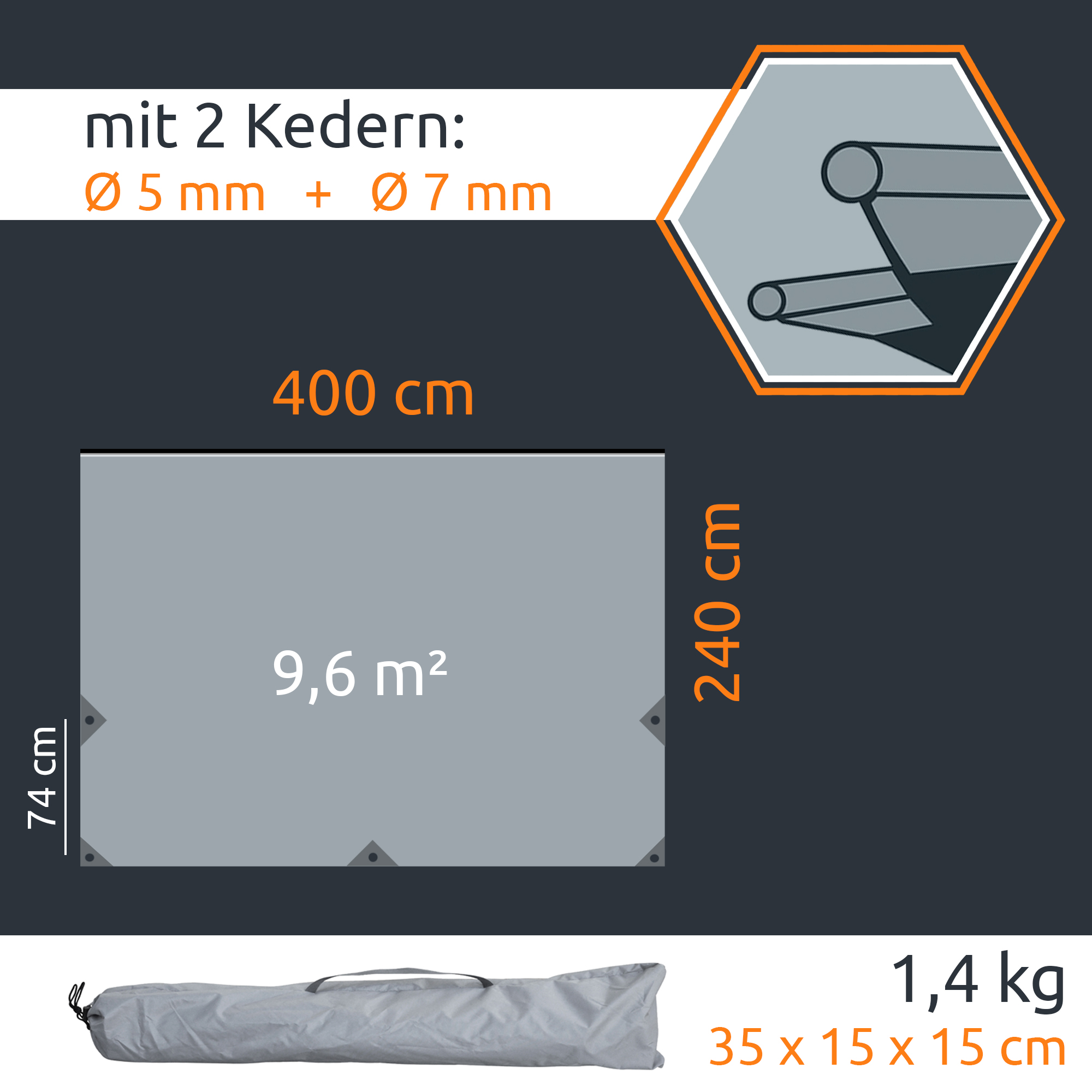 Gray rectangular caravan sun tarp 400 x 240 cm (9.6 m²) with reinforced corner eyelets, two keder channels (Ø5mm and Ø7mm), packed in a gray carry bag, lightweight 1.4 kg — your GEAR Cavoli Tarp product image.