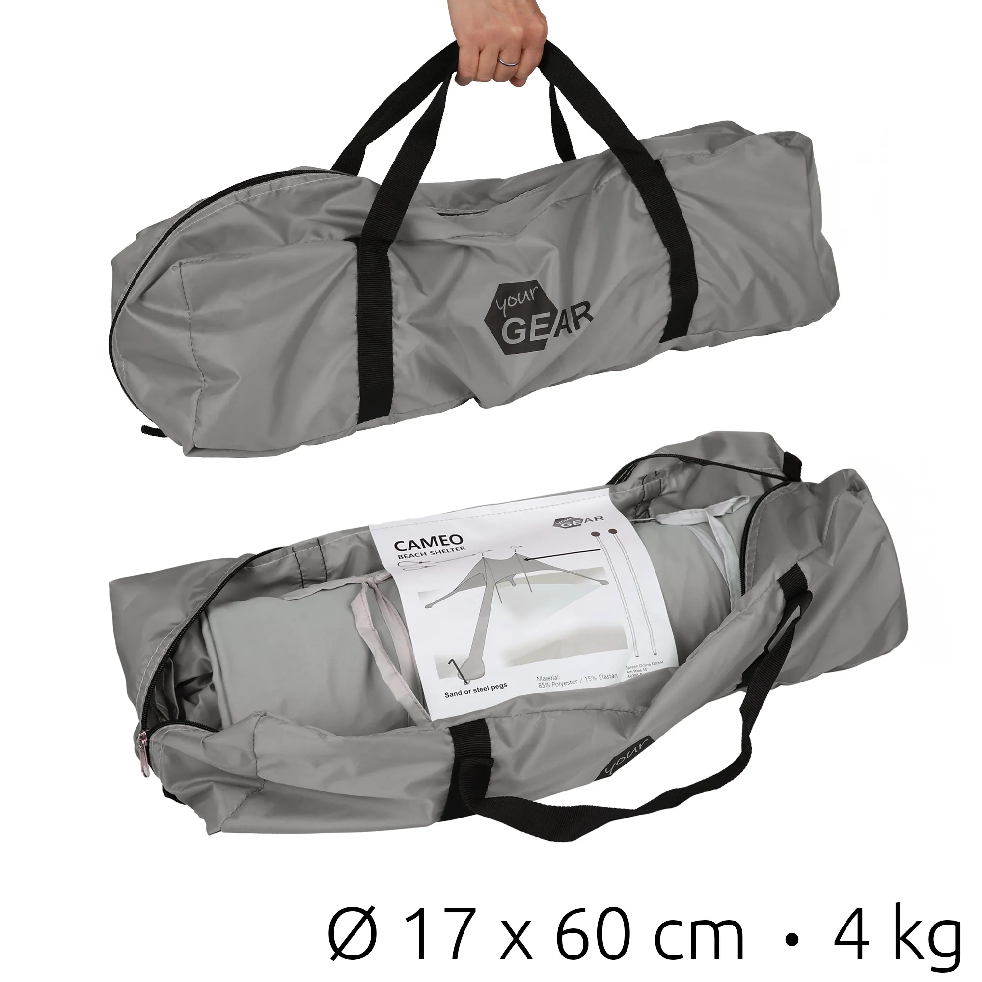 Housse grise pour abri de plage your GEAR Cameo 3x3 m, sac de transport cylindrique avec poignées noires, zip ouvert montrant toile pliée et notice, compact Ø17x60 cm, léger 4 kg, protection UV visible sur l'étiquette.