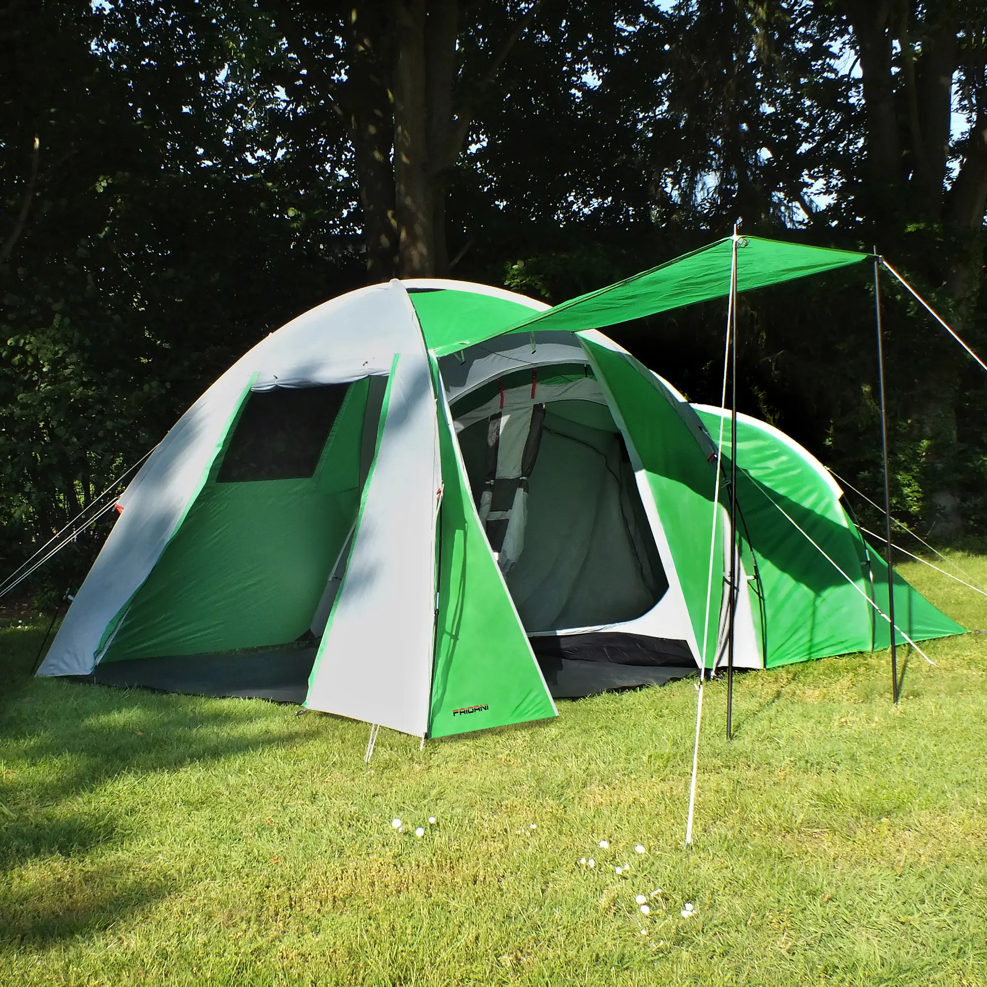 Tienda de campaña Fridani DTG 5 personas, tipo cúpula y túnel, color verde y gris, con amplio vestíbulo, ventanas, mosquitera y toldo, impermeable 3000 mm, ideal para familias y camping.