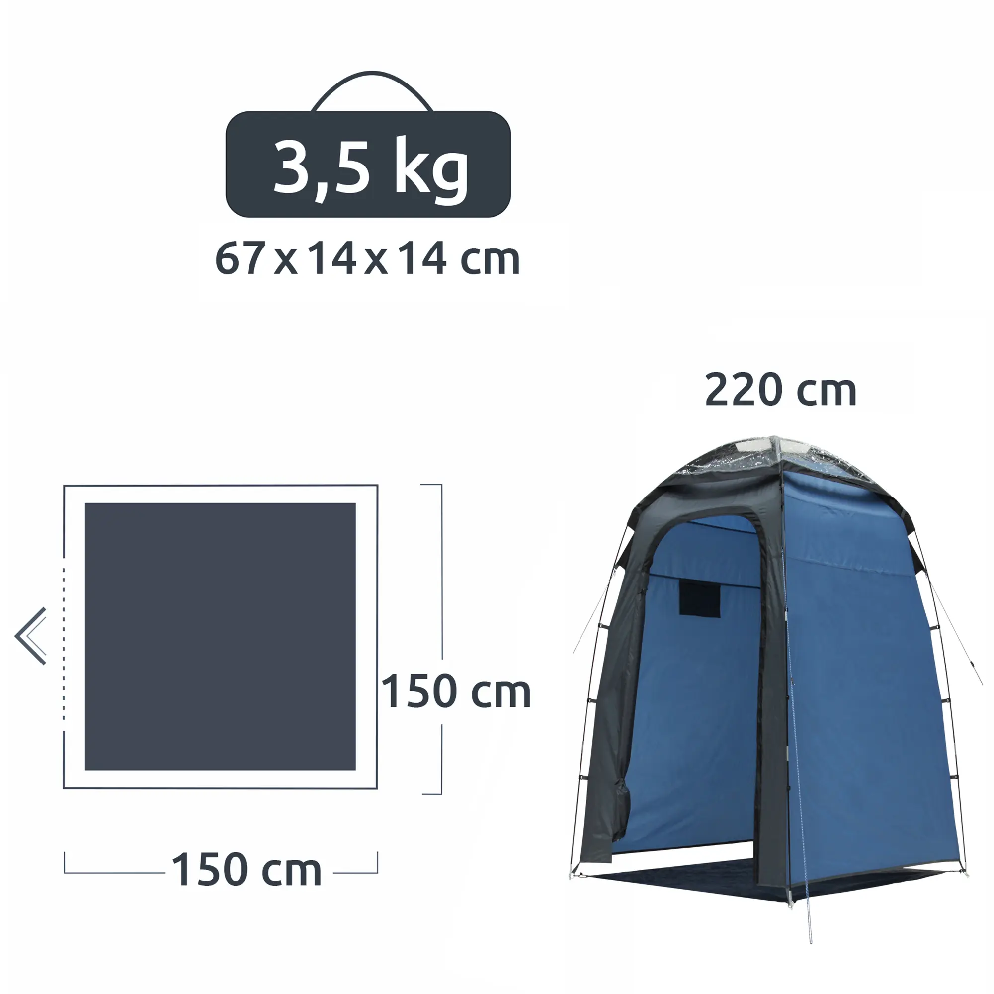 Duschzelt your GEAR Aquila, blau, 220 cm hoch, 150x150 cm Grundfläche, mit Lichtkuppel, leichtes Packmaß 67x14x14 cm, 3,5 kg, steile Zeltwände, ideal als Umkleide- oder Gerätezelt beim Camping.
