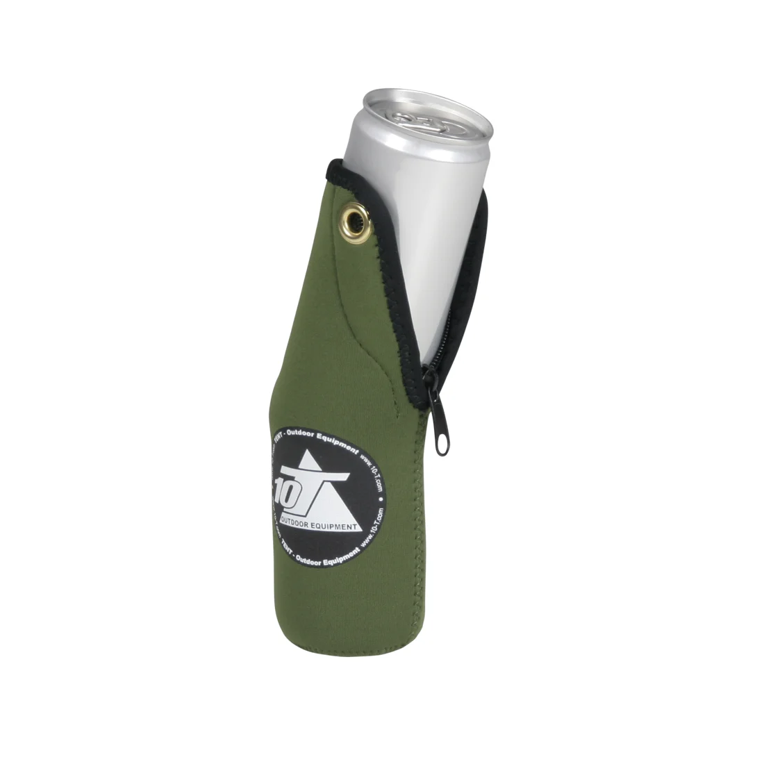 Refroidisseur de canette 10T Cooler 350 ml en néoprène vert avec fermeture éclair noire, logo 10T Outdoor Equipment, conçu pour garder les boissons fraîches ou chaudes, adapté aux canettes et bouteilles.