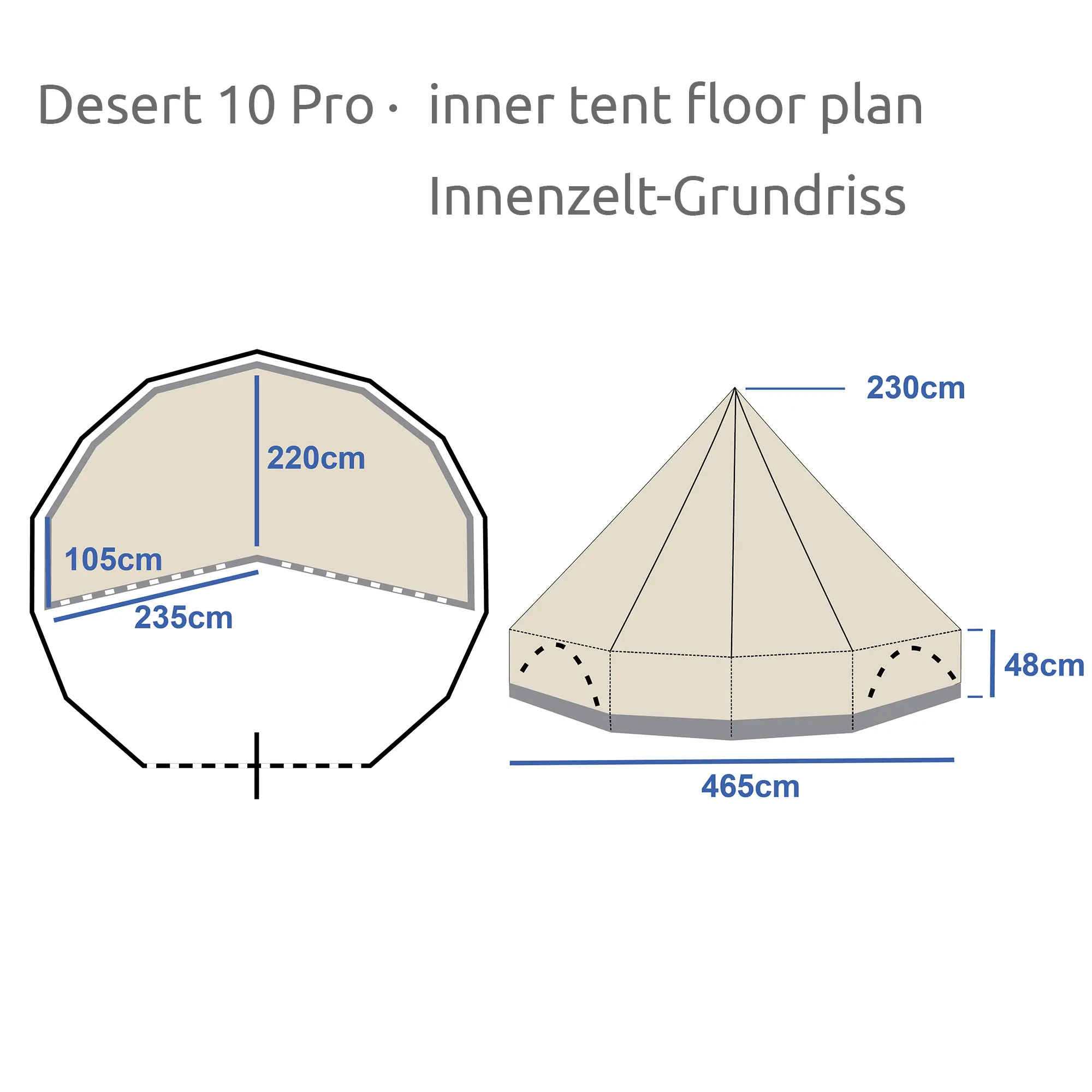 Floor plan and side view of your GEAR Desert 10 Pro cotton tipi tent with dimensions: 465x220x230 cm, showing spacious interior, central pole, and detailed measurements for camping and family use.